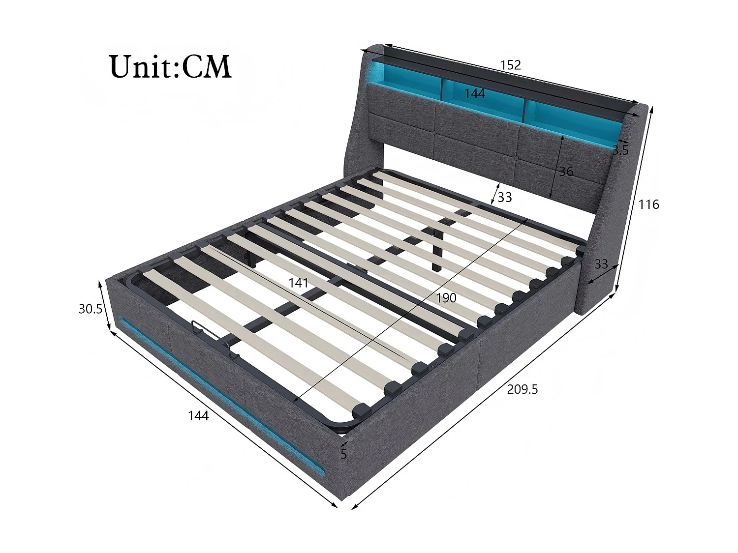 Lit coffre 140x190 cm LED RGB, lit tissu gris avec rangement hydraulique, tête de lit avec étagères et prises