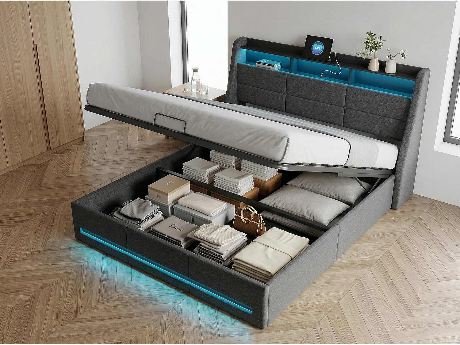Lit coffre 140x190 cm - LED RGB intégrée - Lit tissu gris - Rangement hydraulique - Tête de lit avec étagères et prises
