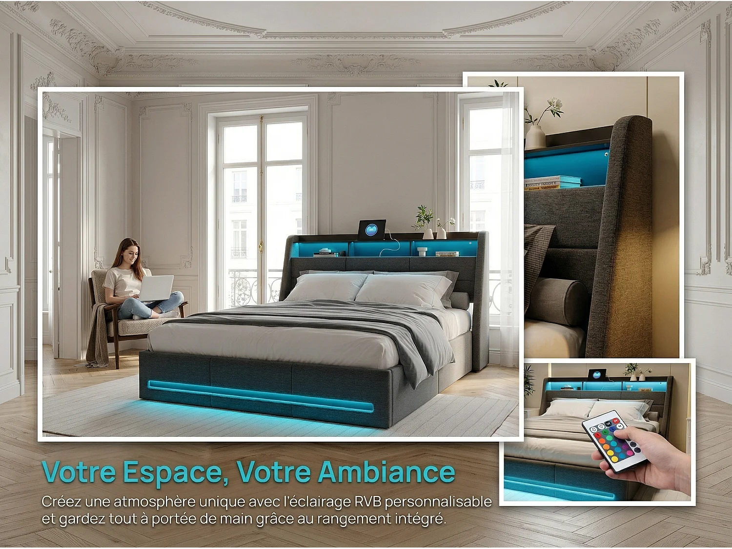 Lit coffre 140x190 cm - LED RGB intégrée - Lit tissu gris - Rangement hydraulique - Tête de lit avec étagères et prises