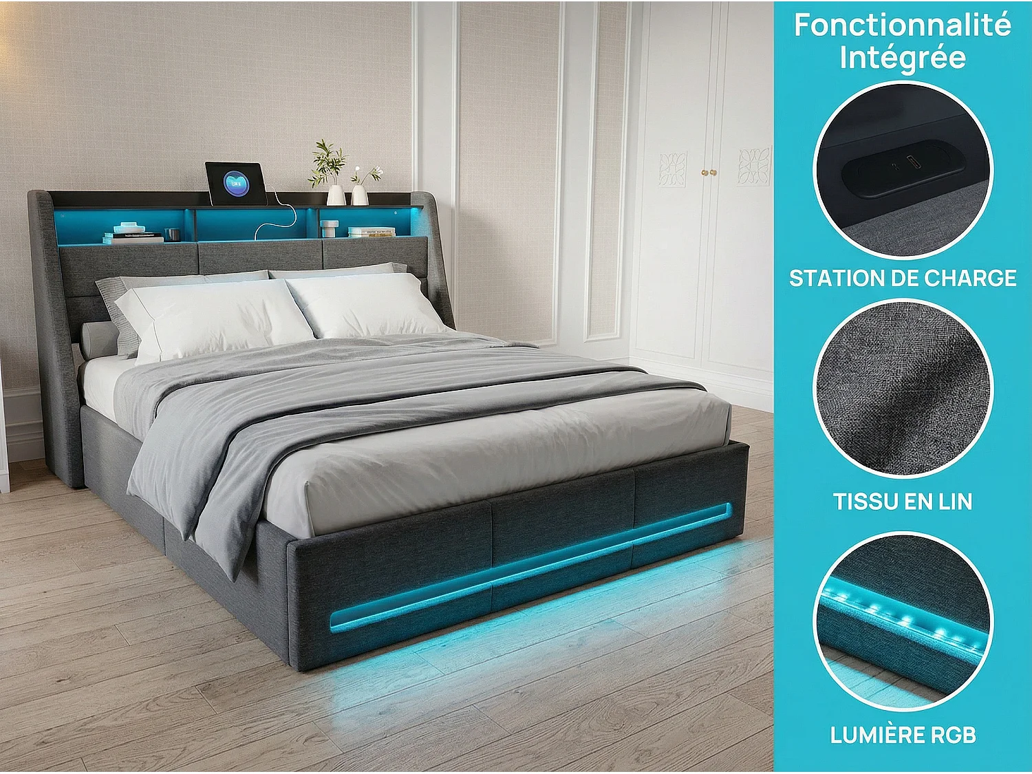 Lit coffre 140x190 cm - LED RGB intégrée - Lit tissu gris - Rangement hydraulique - Tête de lit avec étagères et prises