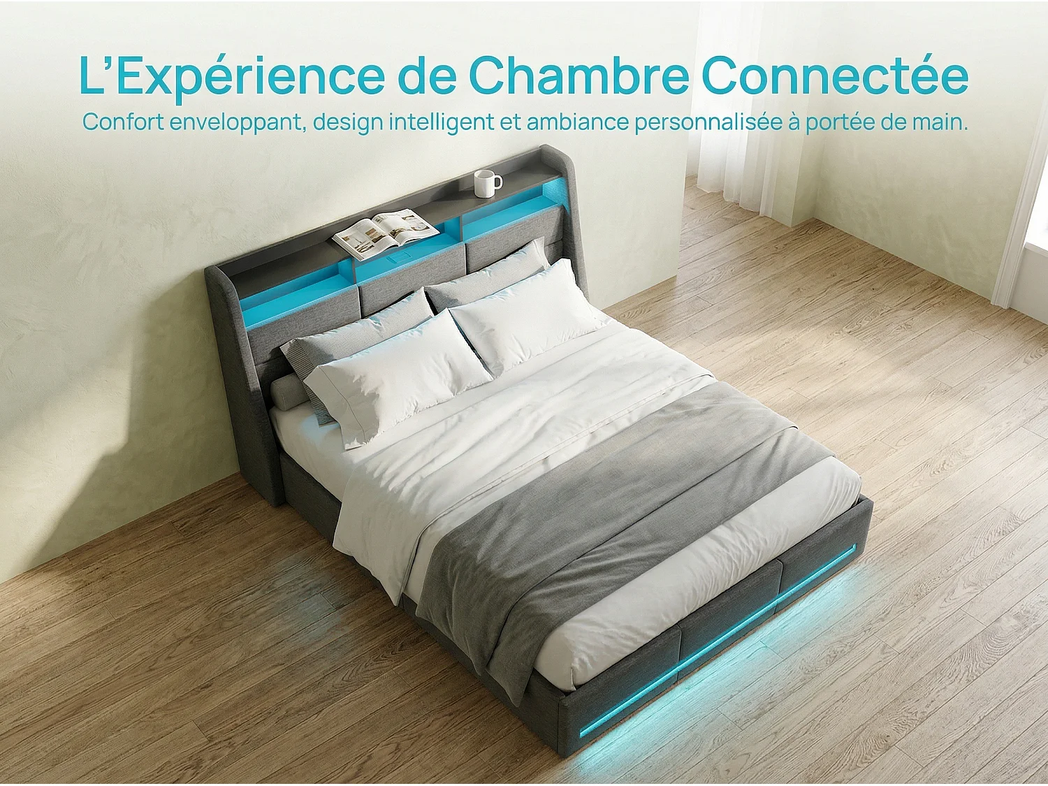 Lit coffre 140x190 cm - LED RGB intégrée - Lit tissu gris - Rangement hydraulique - Tête de lit avec étagères et prises