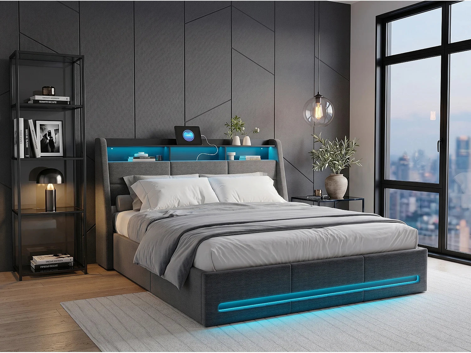 Lit coffre 140x190 cm - LED RGB intégrée - Lit tissu gris - Rangement hydraulique - Tête de lit avec étagères et prises