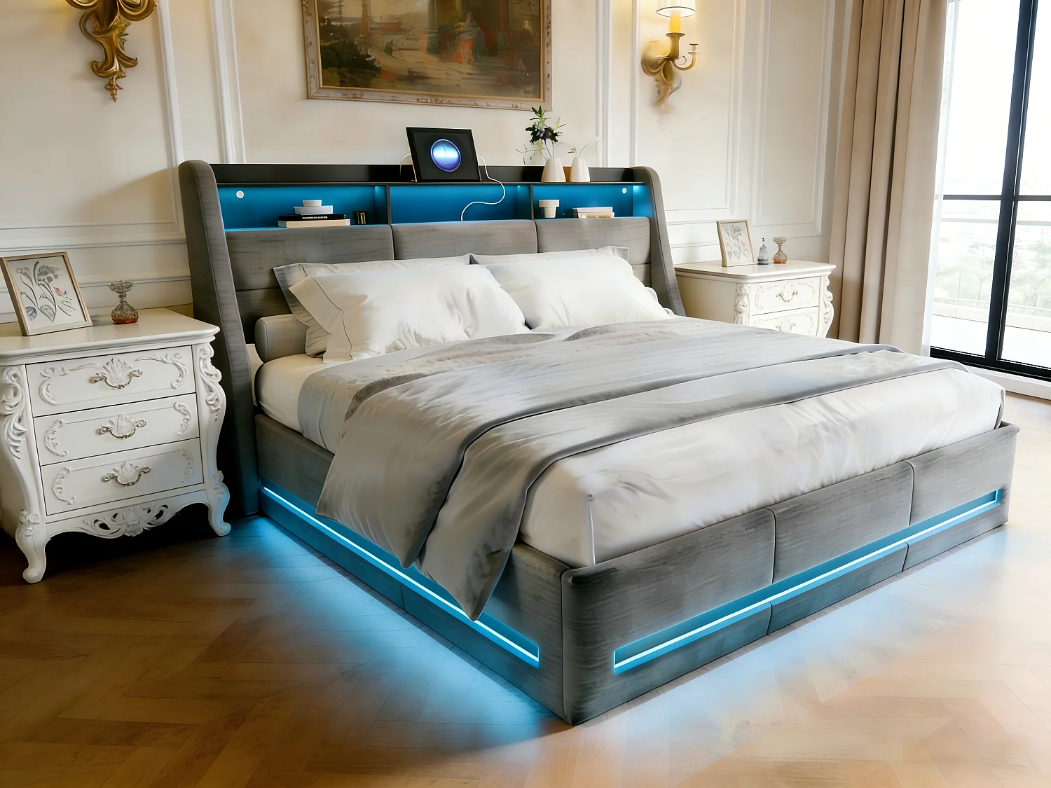 Lit coffre 140x190 cm LED RGB, lit tissu gris avec rangement hydraulique, tête de lit avec étagères et prises