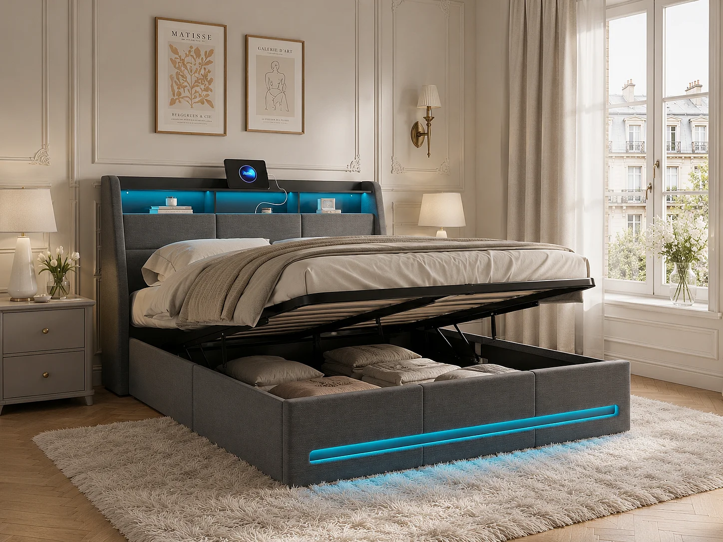 Lit double coffre 140x190cm - Éclairage LED RGB intégré - Lit en tissu gris - Rangement hydraulique - avec prise intégrée