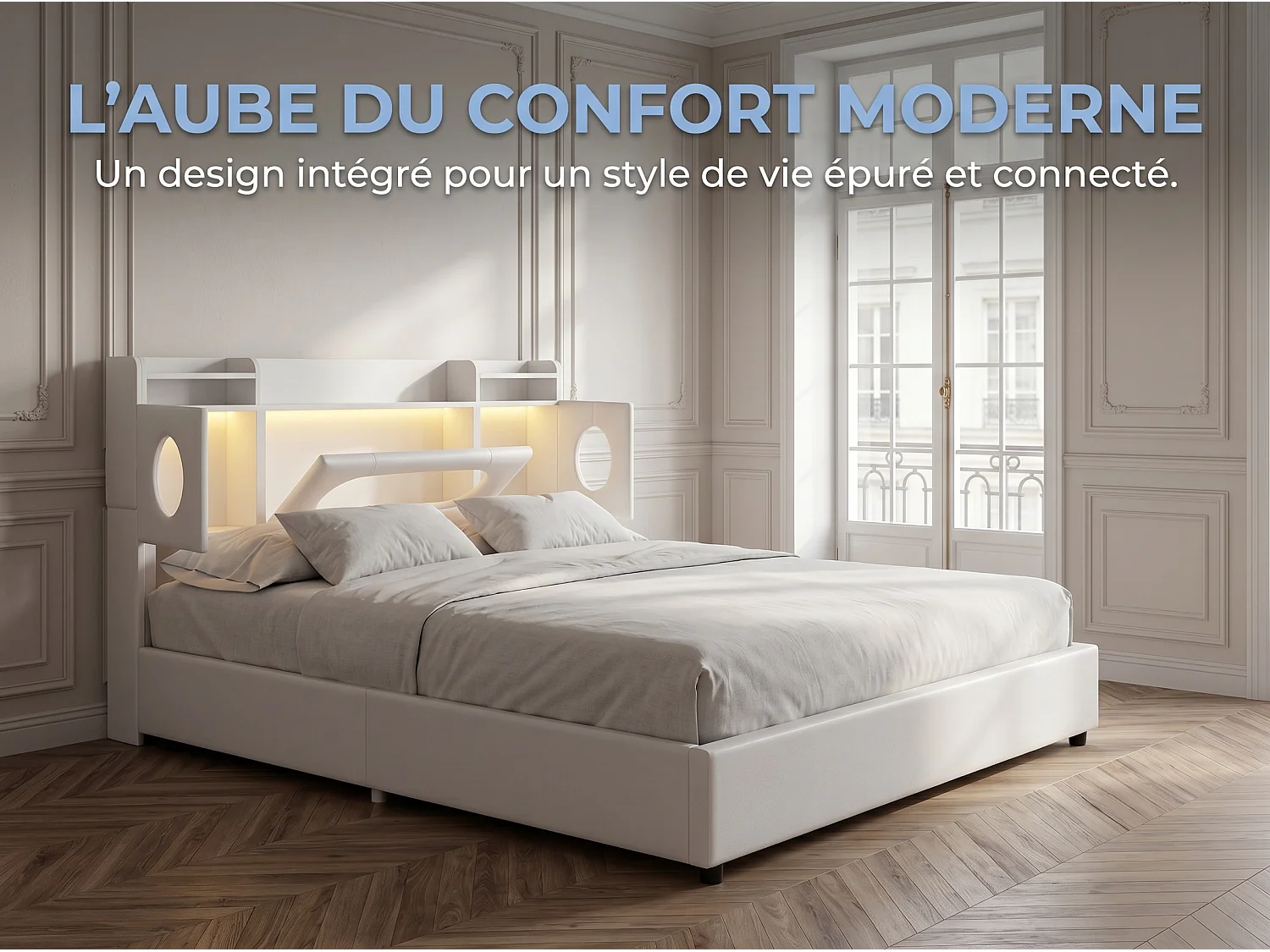 Lit coffre rembourré 140x200 cm en tissu effet lin - éclairage LED et port USB - tête de lit avec rangement - sommier relevable