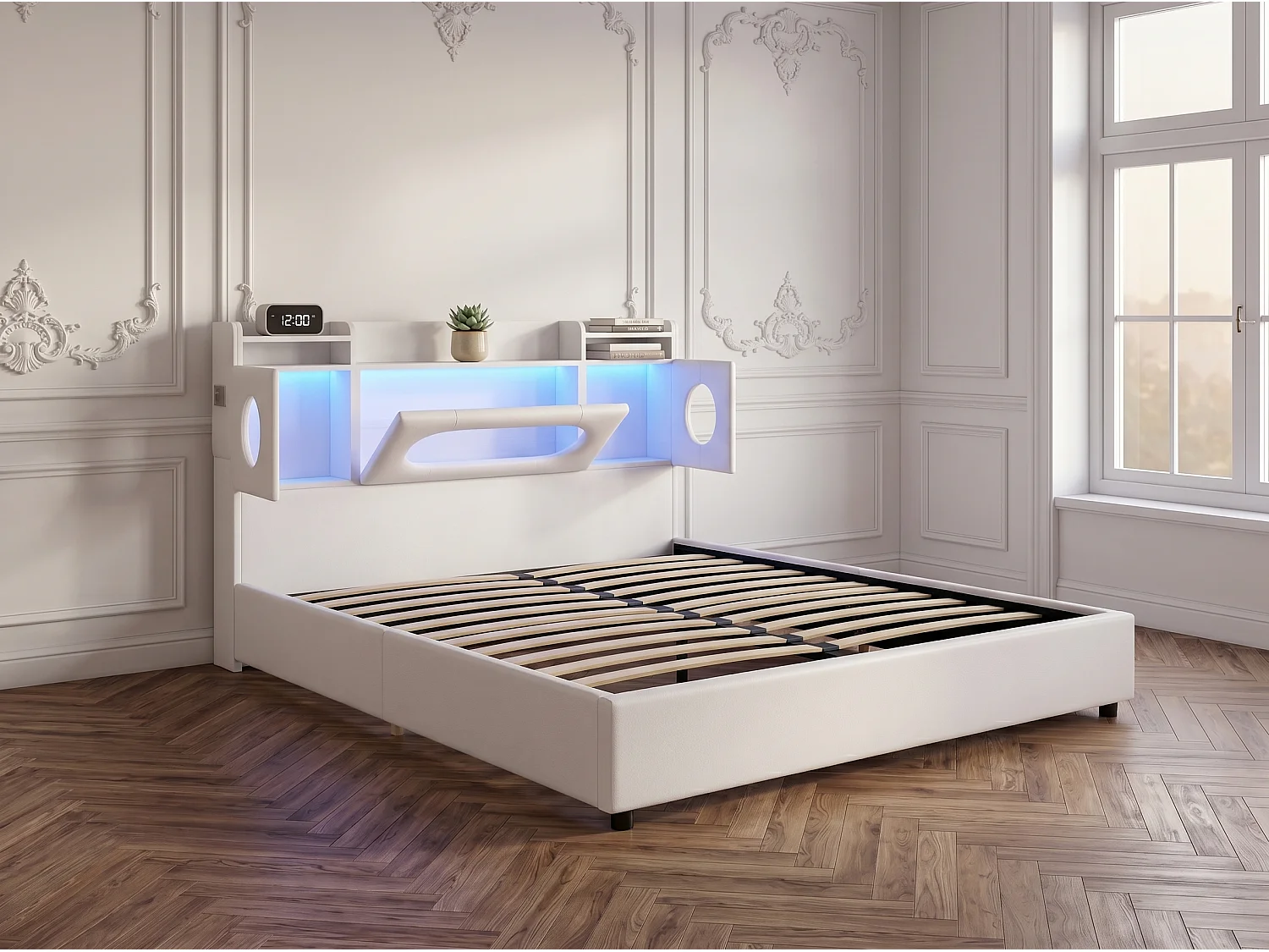 Lit coffre rembourré 140x200 cm en tissu effet lin - éclairage LED et port USB - tête de lit avec rangement - sommier relevable