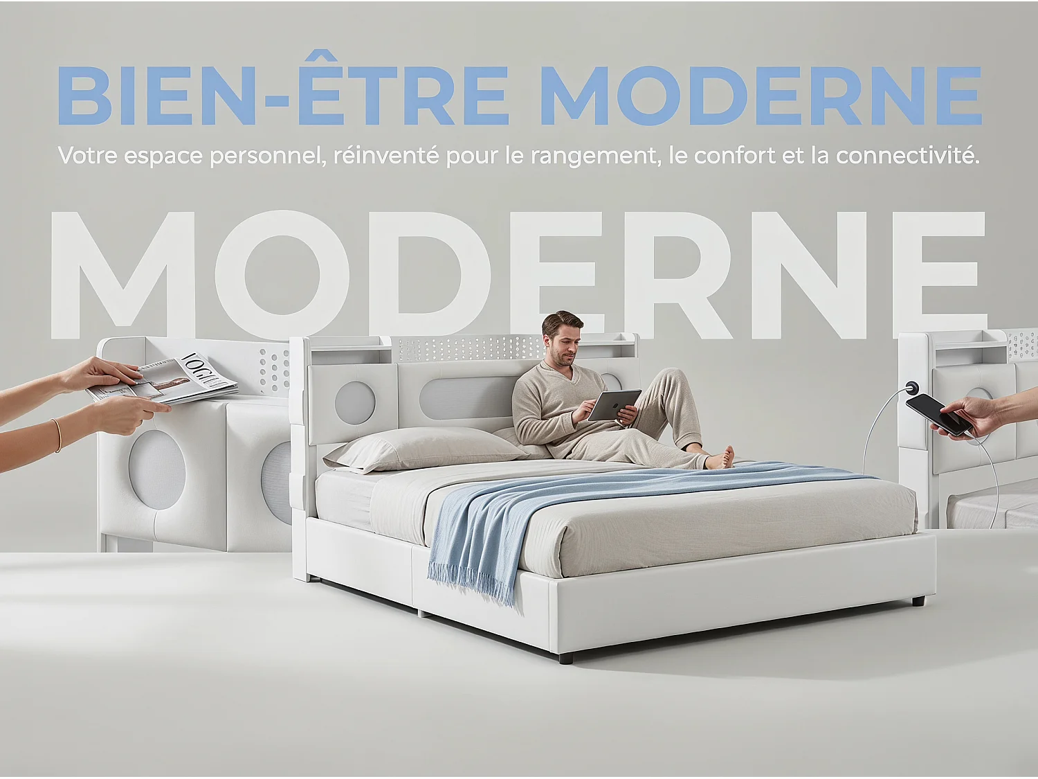 Lit coffre rembourré 140x200 cm en tissu effet lin - éclairage LED et port USB - tête de lit avec rangement - sommier relevable