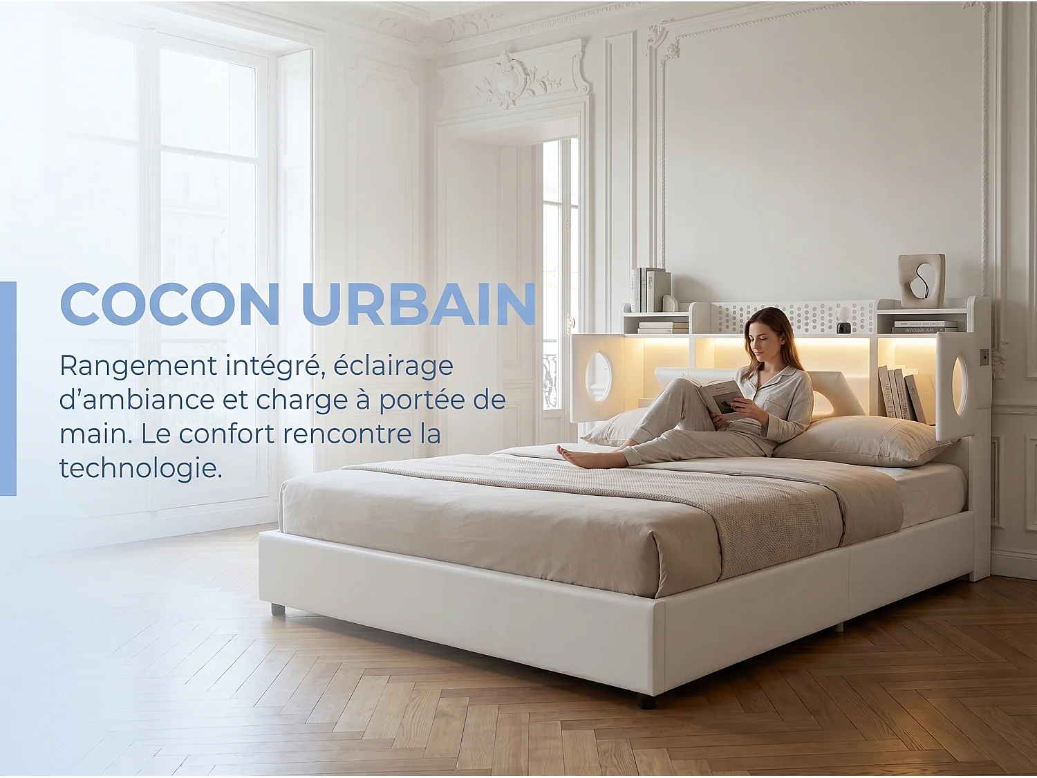 Lit coffre rembourré 140x200 cm en tissu effet lin - éclairage LED et port USB - tête de lit avec rangement - sommier relevable