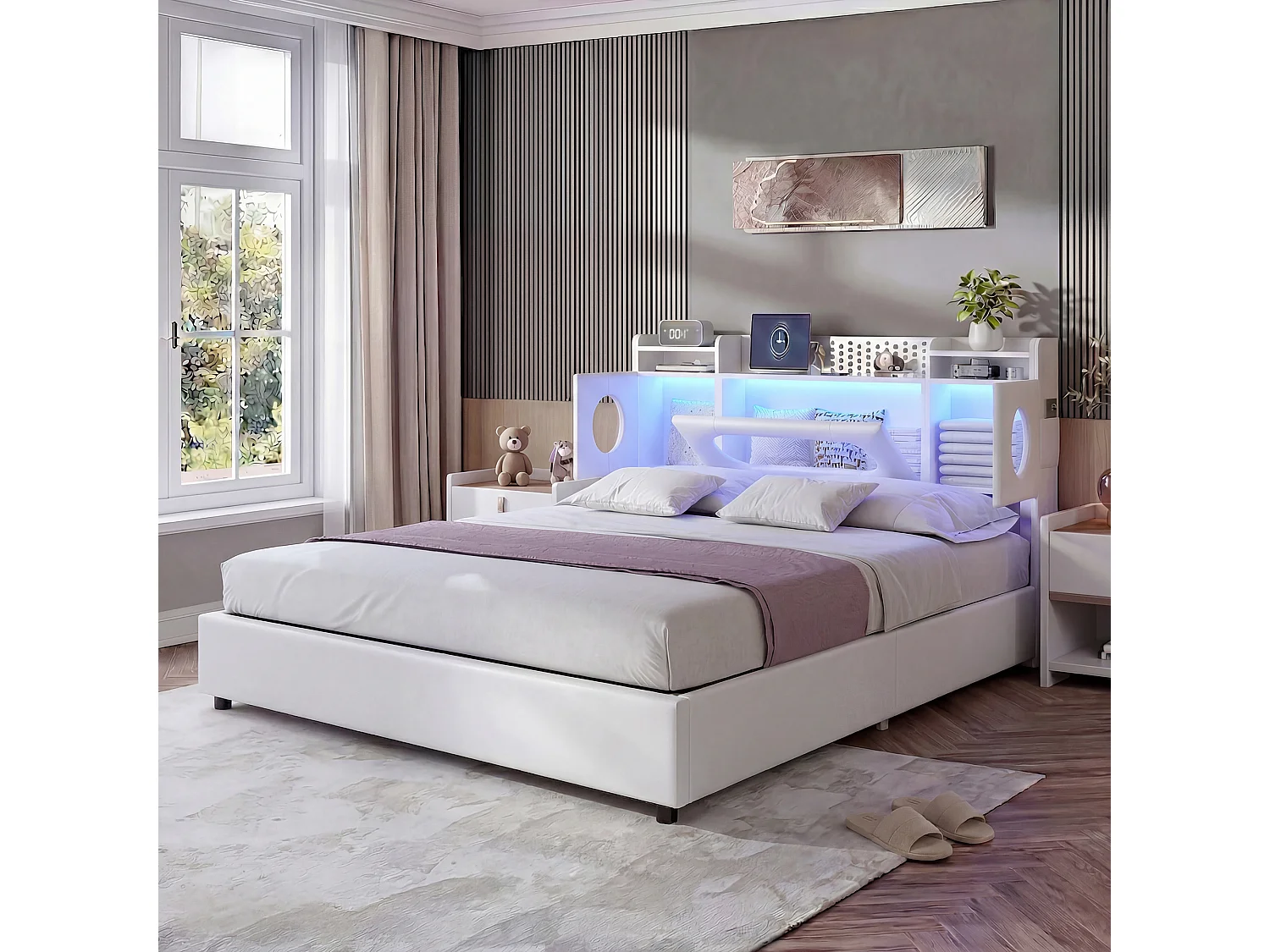 Lit coffre rembourré 140x200 cm en tissu effet lin - éclairage LED et port USB - tête de lit avec rangement - sommier relevable