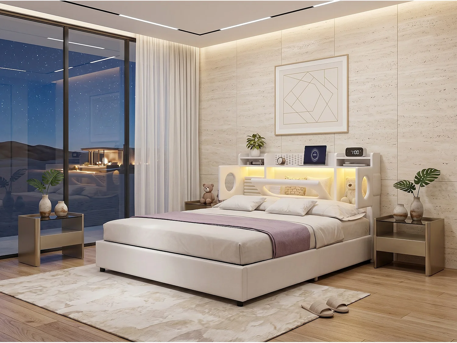 Lit coffre rembourré 140x200 cm en tissu effet lin - éclairage LED et port USB - tête de lit avec rangement - sommier relevable