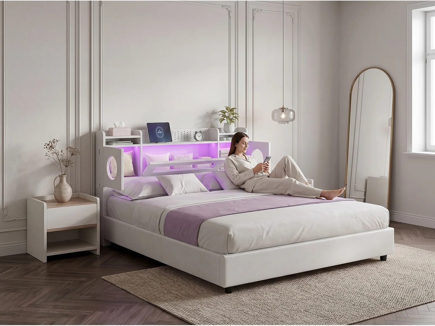 Lit coffre rembourré 140x200 cm en tissu effet lin - éclairage LED et port USB - tête de lit avec rangement - sommier relevable