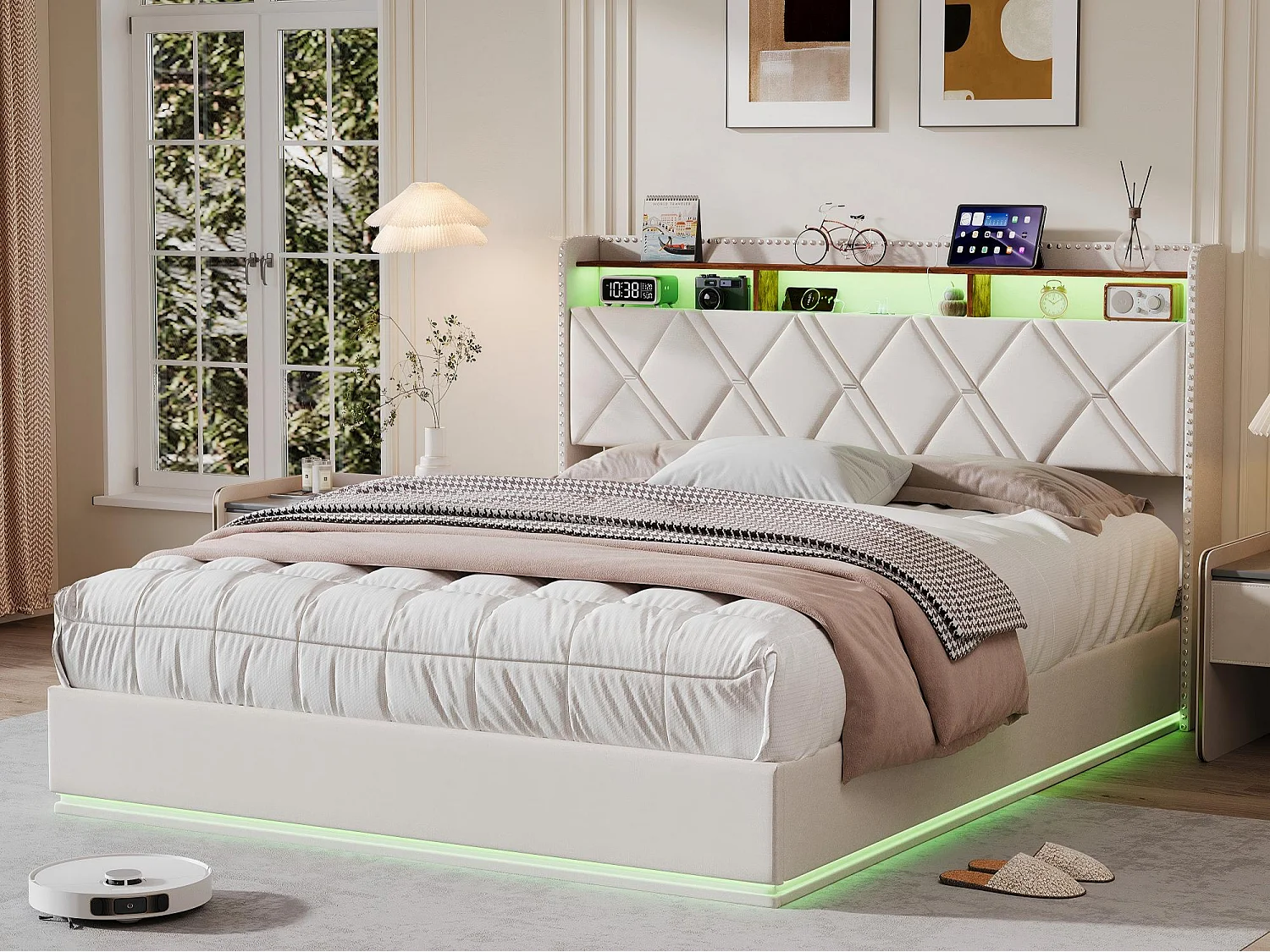 Lit coffre 160x200 cm - LED intégrée et rangement - Tête de lit avec étagères - Sommier relevable - Design moderne