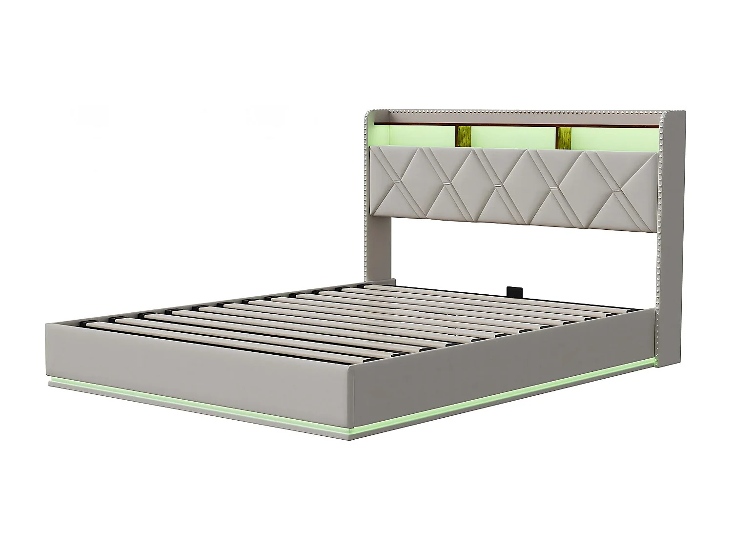 Lit coffre 160x200 cm - LED intégrée et rangement - Tête de lit avec étagères - Sommier relevable - Design moderne