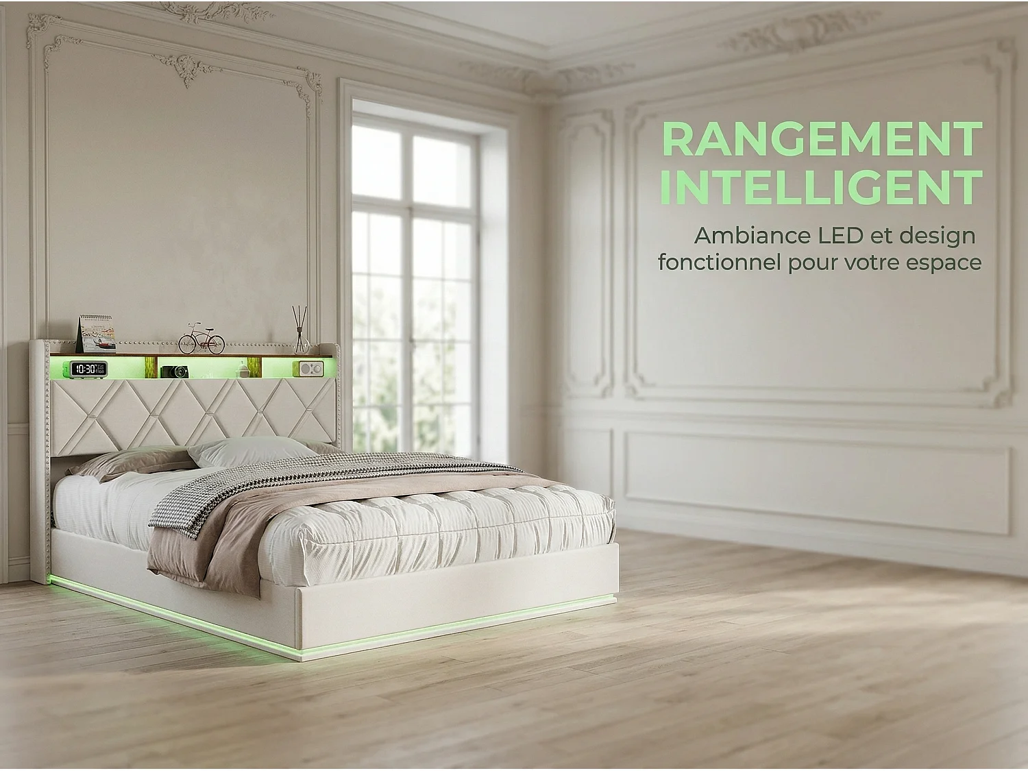 Lit coffre 160x200 cm - LED intégrée et rangement - Tête de lit avec étagères - Sommier relevable - Design moderne