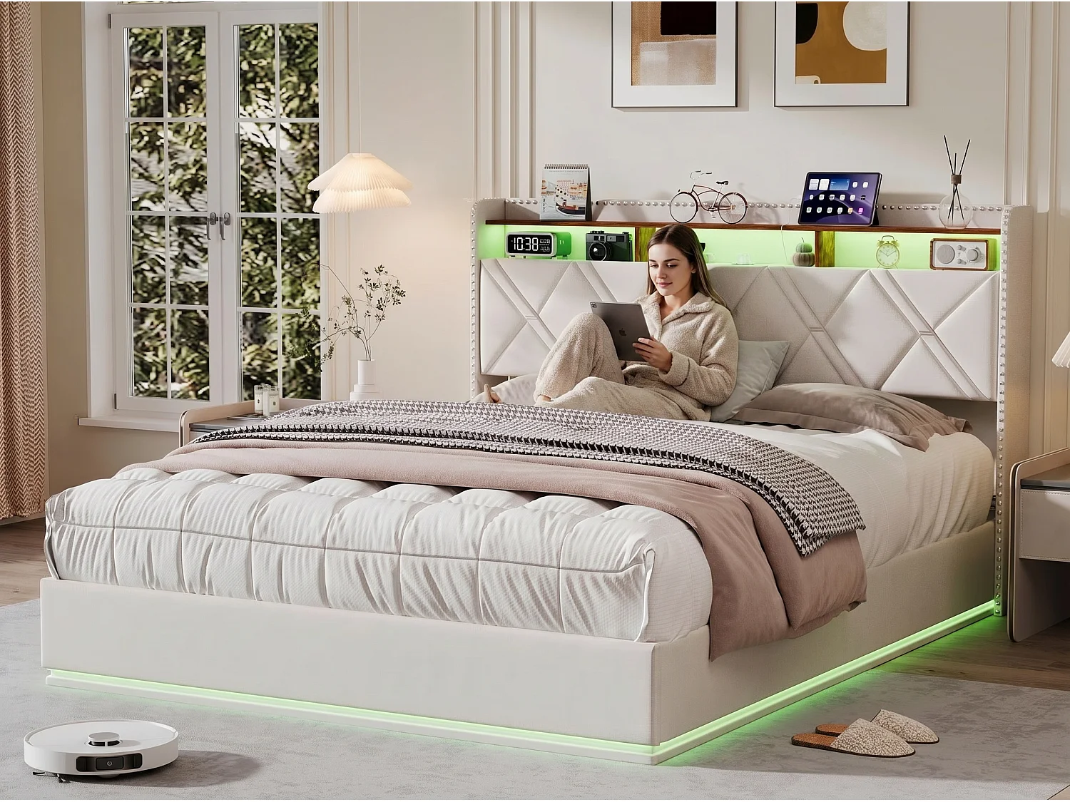 Lit coffre 160x200 cm - LED intégrée et rangement - Tête de lit avec étagères - Sommier relevable - Design moderne