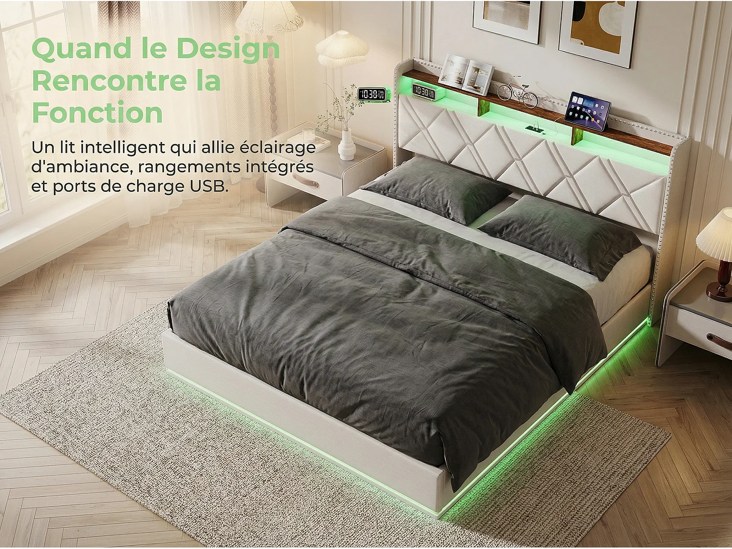 Lit coffre 160x200 cm - LED intégrée et rangement - Tête de lit avec étagères - Sommier relevable - Design moderne