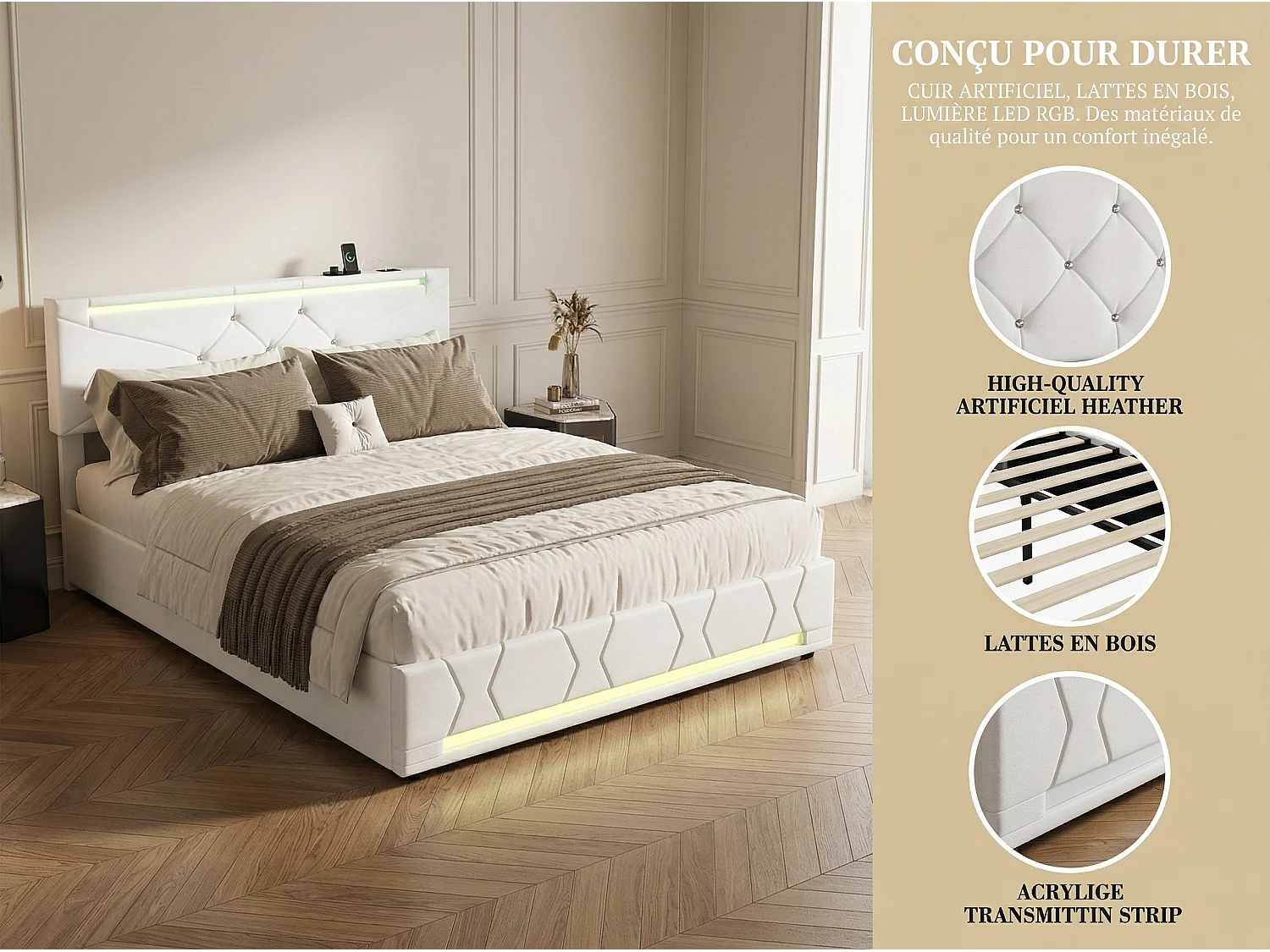 Lit coffre 140x190 cm -avec LED, cadre de lit en tissu lin capitonné, sommier à lattes, design moderne