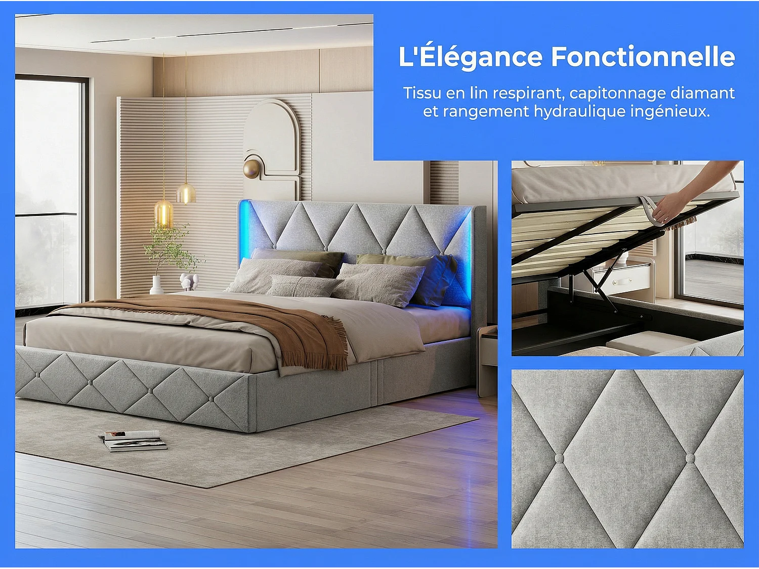 Lit 140x200 cm capitonné -avec LED, cadre de lit rembourré tissu, tête de lit haute, sommier à lattes, design moderne-gris