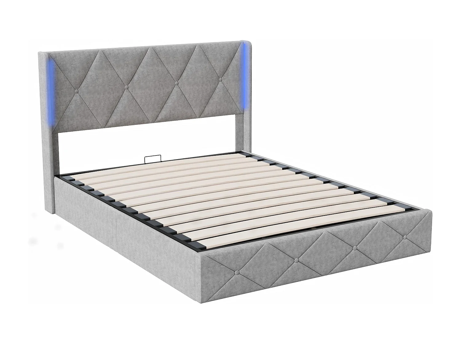 Lit 140x200 cm capitonné -avec LED, cadre de lit rembourré tissu, tête de lit haute, sommier à lattes, design moderne-gris