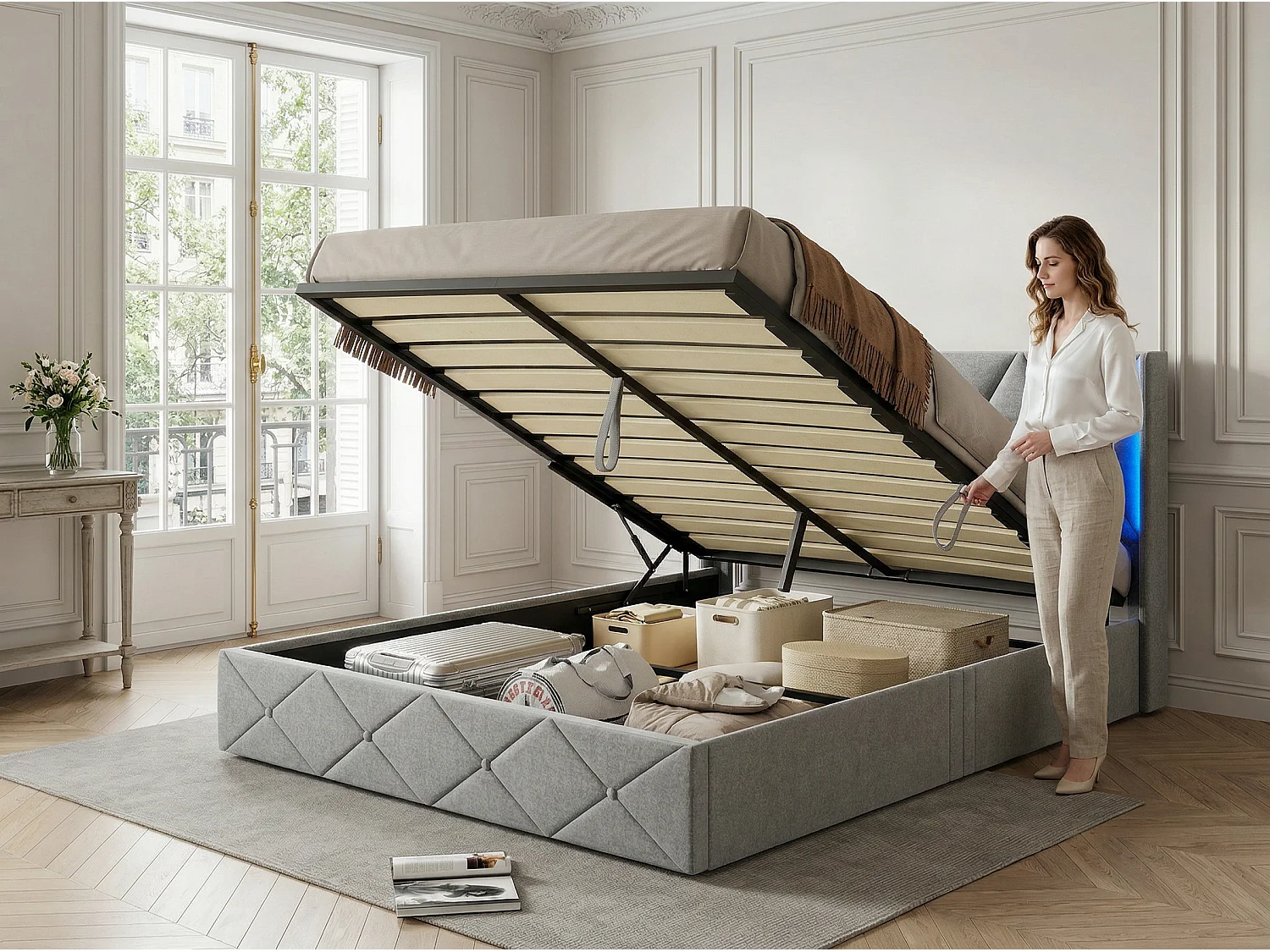 Lit 140x200 cm capitonné -avec LED, cadre de lit rembourré tissu, tête de lit haute, sommier à lattes, design moderne-gris