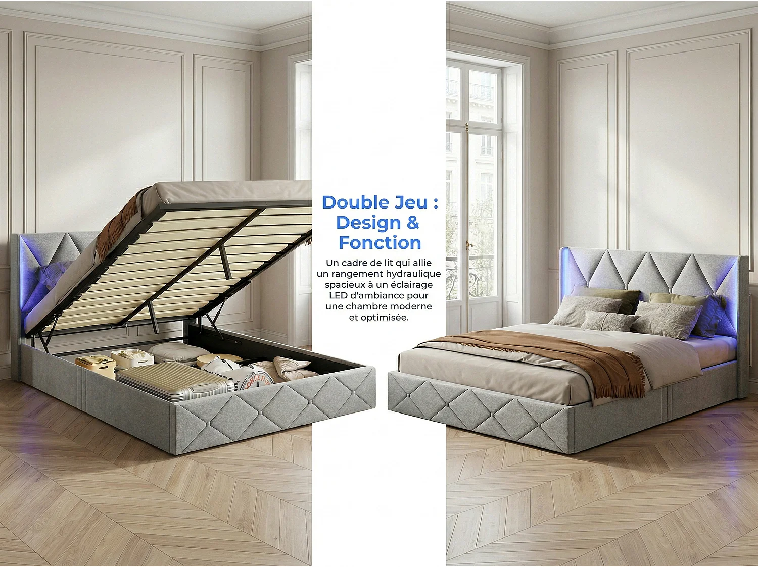 Lit 140x200 cm capitonné -avec LED, cadre de lit rembourré tissu, tête de lit haute, sommier à lattes, design moderne-gris