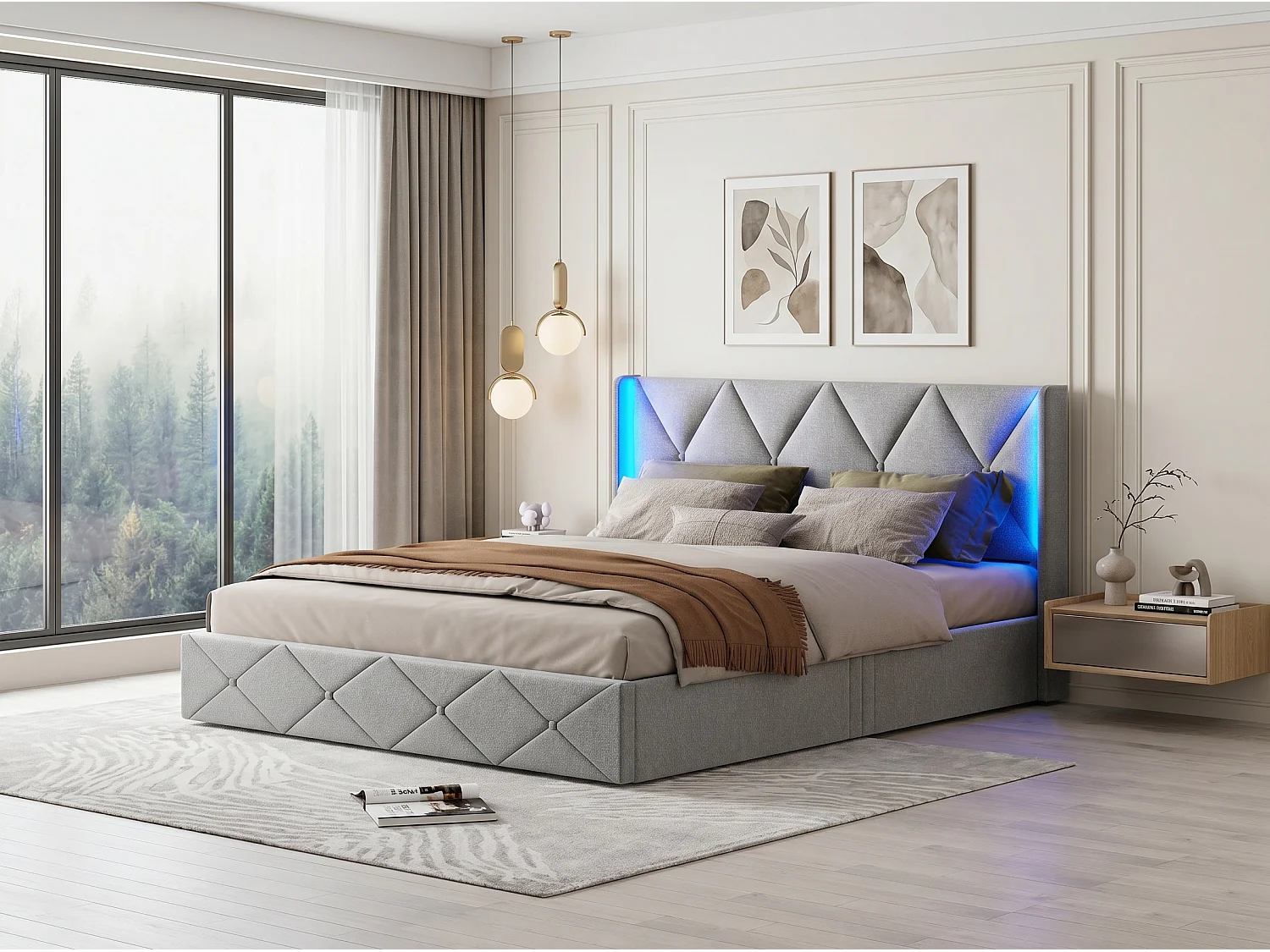 Lit 140x200 cm capitonné -avec LED, cadre de lit rembourré tissu, tête de lit haute, sommier à lattes, design moderne-gris