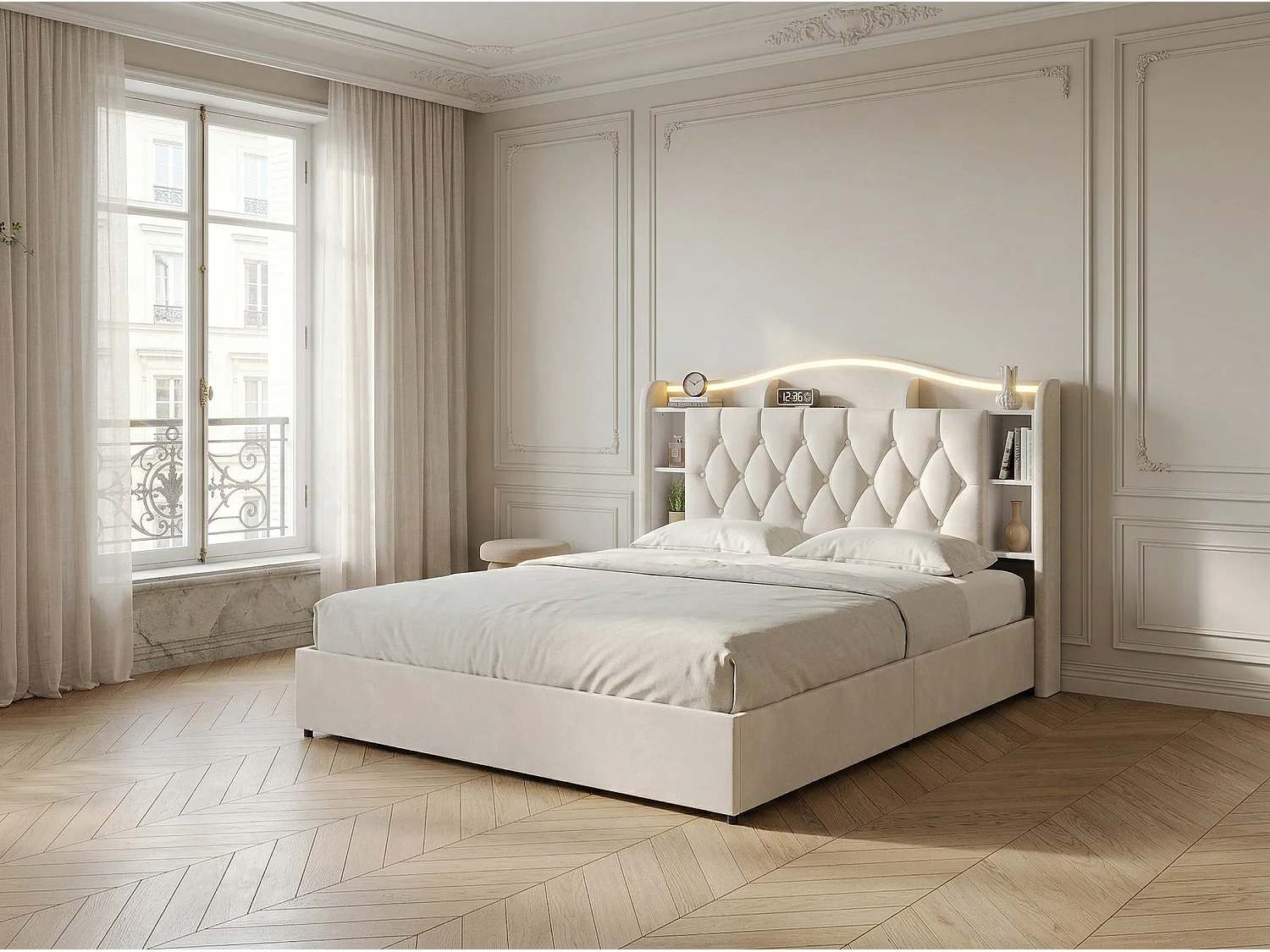 Lit coffre  140x200cm avec LED et USB - tête de lit avec rangement -velours