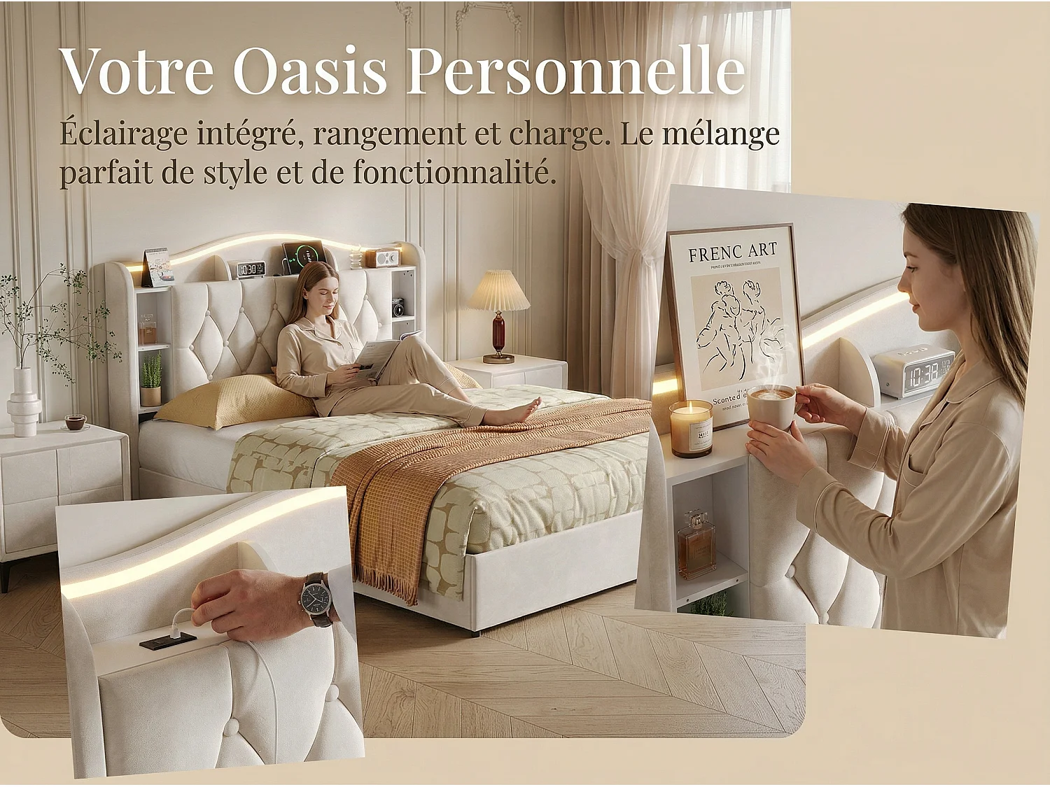 Lit coffre  140x200cm avec LED et USB - tête de lit avec rangement -velours