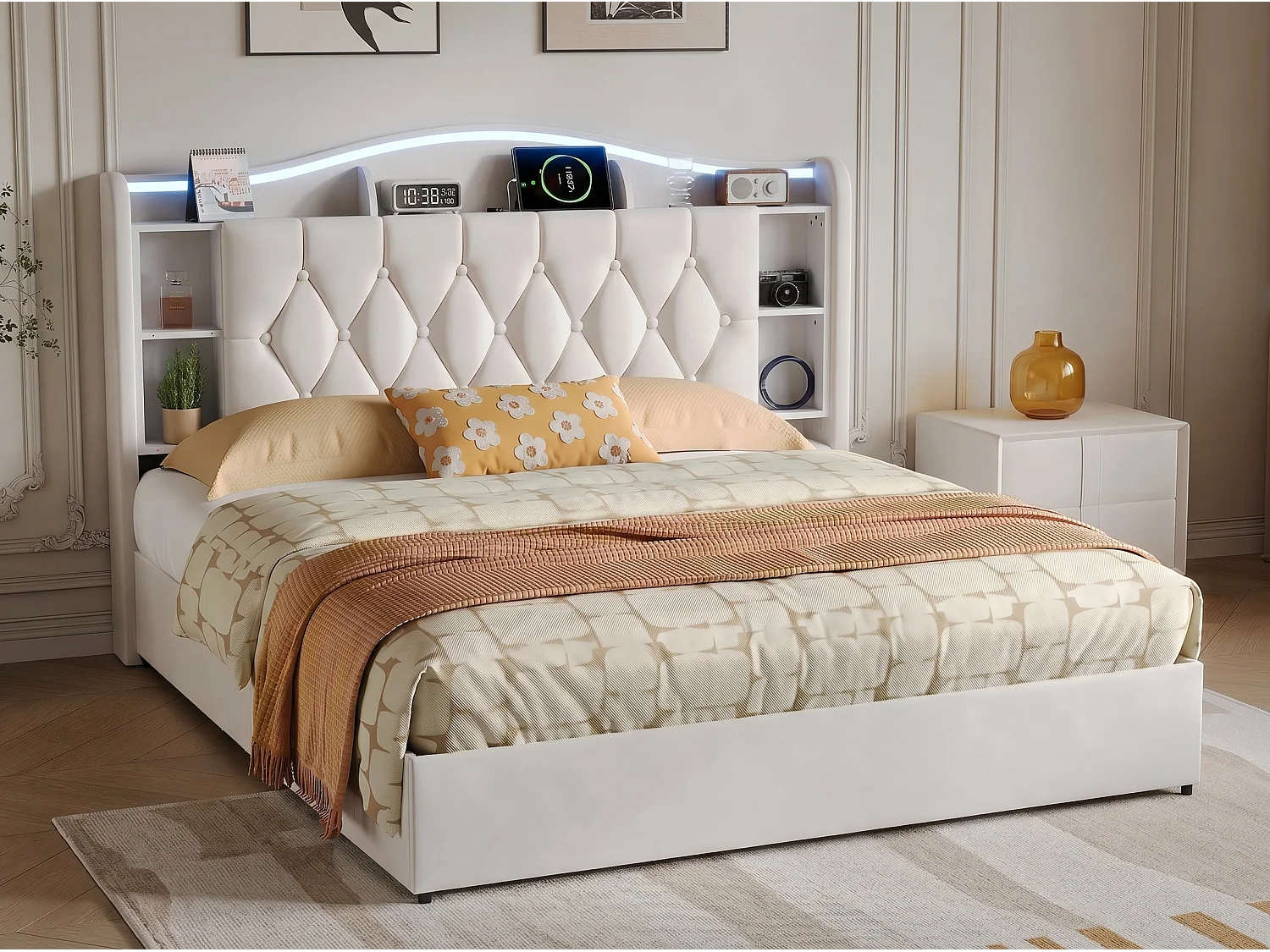 Lit coffre  140x200cm avec LED et USB - tête de lit avec rangement -velours