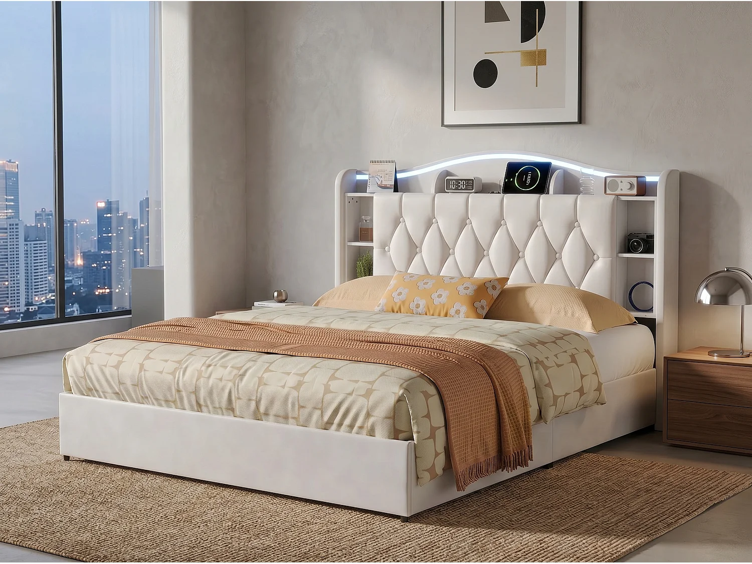 Lit coffre  140x200cm avec LED et USB - tête de lit avec rangement -velours