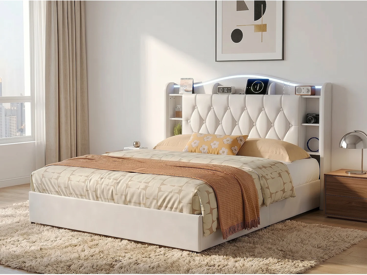 Lit coffre  140x200cm avec LED et USB - tête de lit avec rangement -velours