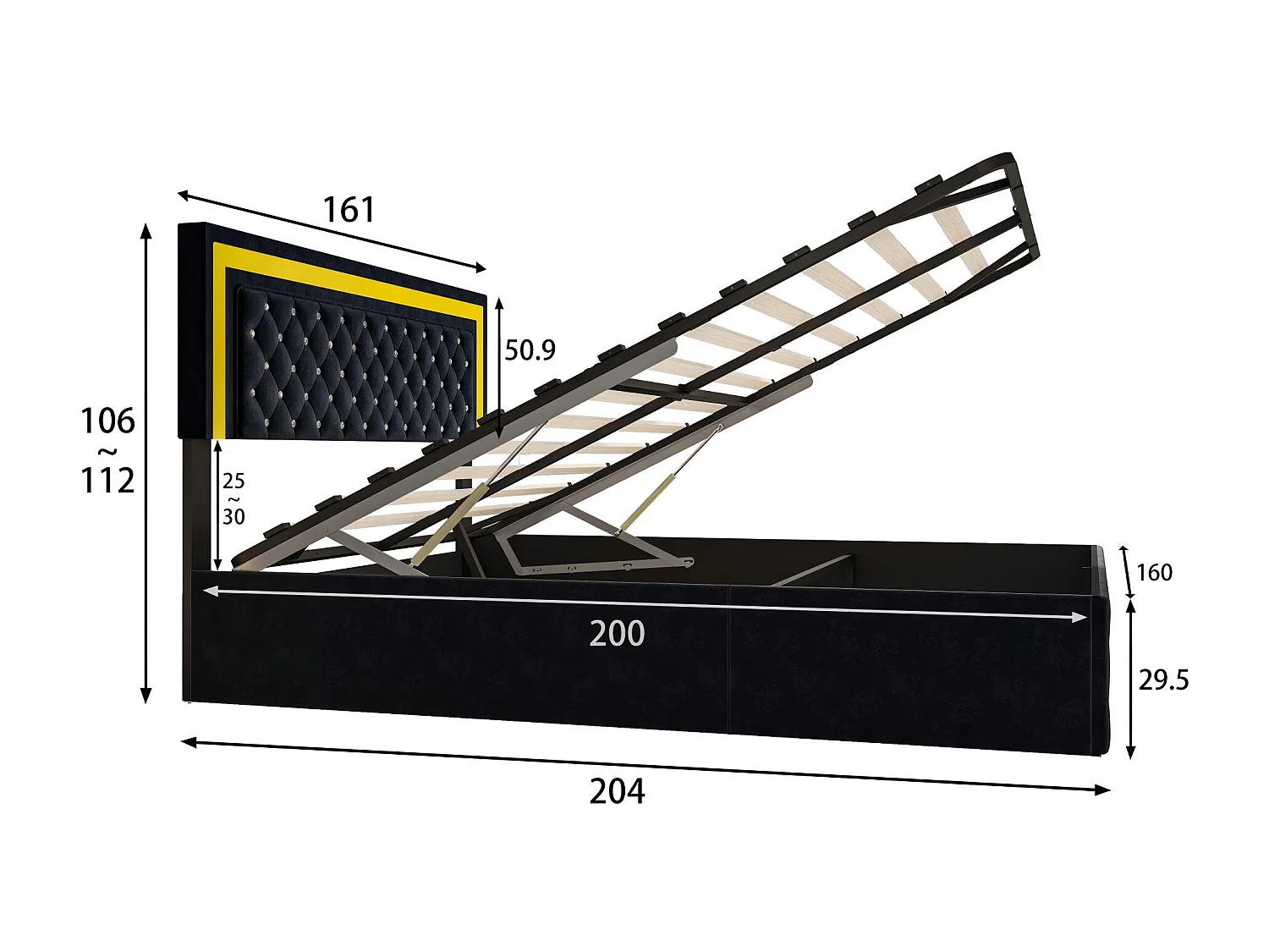 Lit coffre capitonné velours  avec LED, lit double avec rangement hydraulique, tête de lit design moderne