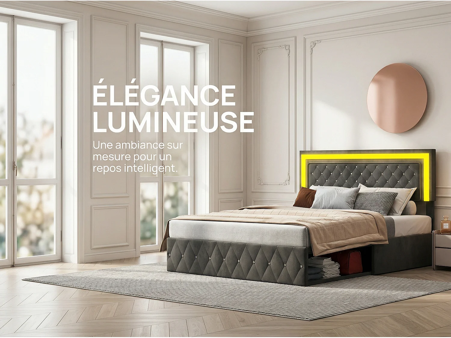 Lit coffre capitonné velours  avec LED, lit double avec rangement hydraulique, tête de lit design moderne
