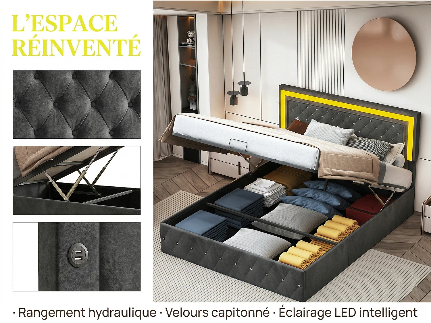 Lit coffre capitonné velours  avec LED, lit double avec rangement hydraulique, tête de lit design moderne