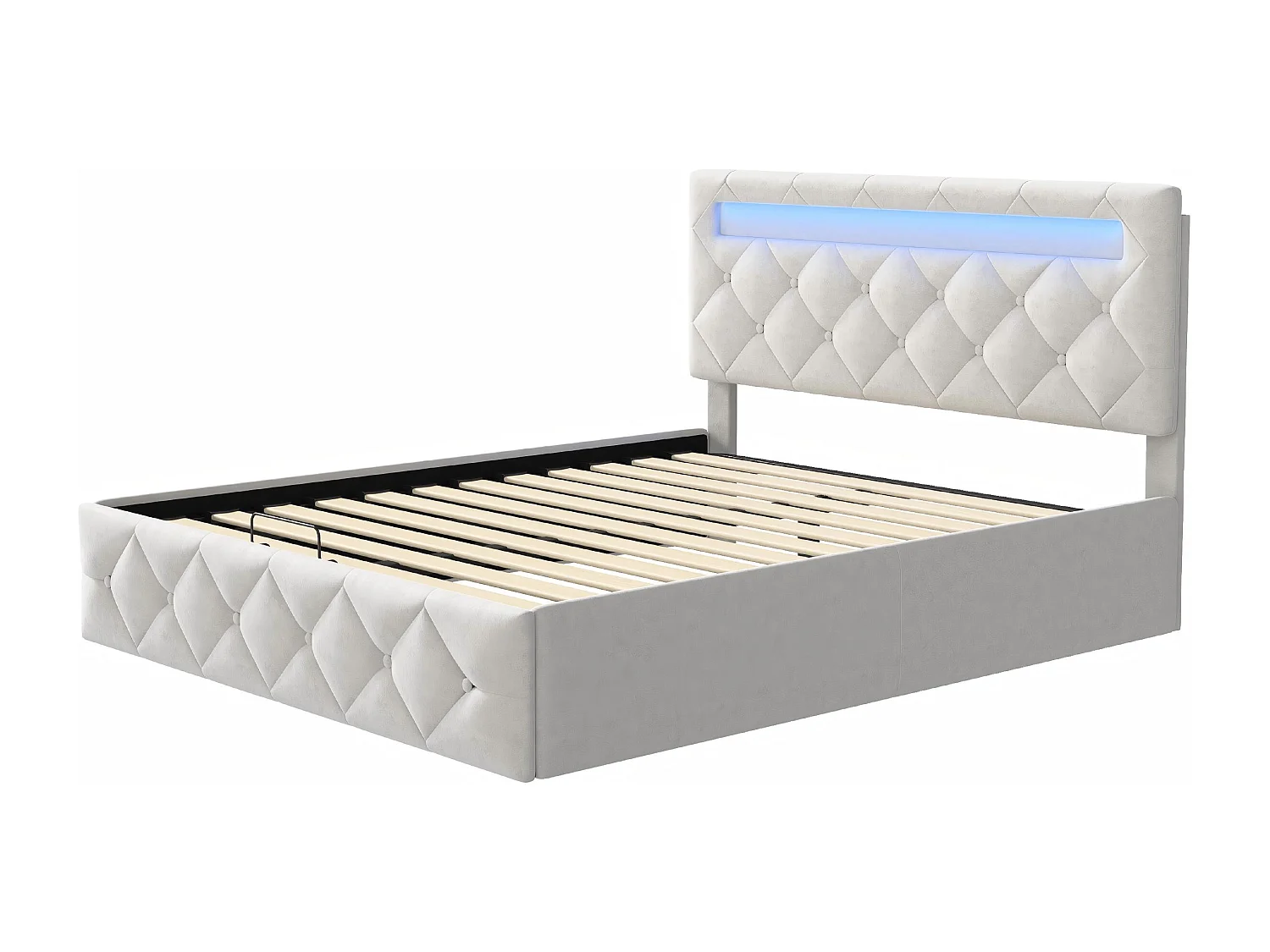 Lit coffre 160x200 cm - LED RGB intégrée - Velours beige - Rangement intégré - Tête de lit réglable - Sommier