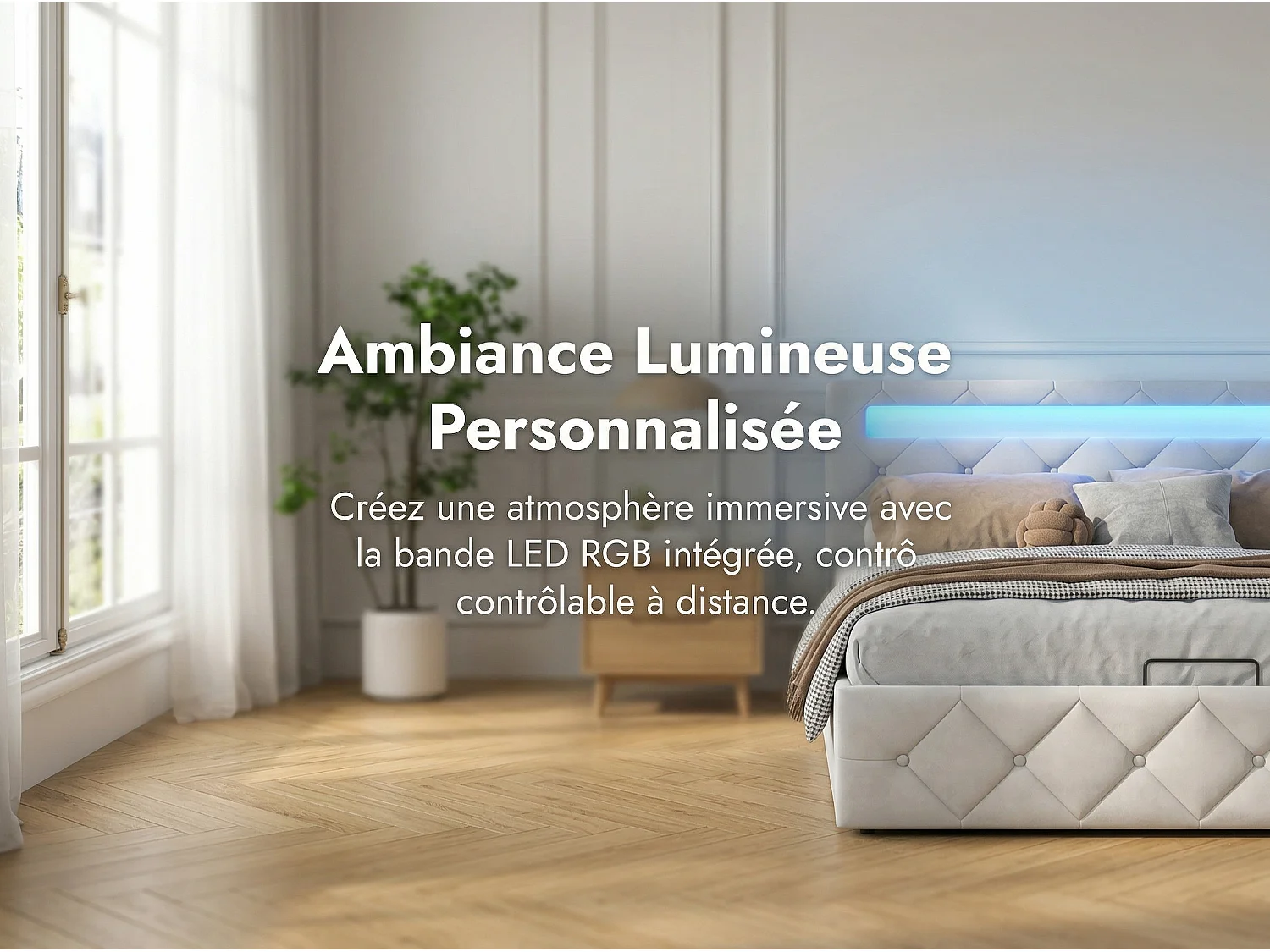 Lit coffre 160x200 cm - LED RGB intégrée - Velours beige - Rangement intégré - Tête de lit réglable - Sommier