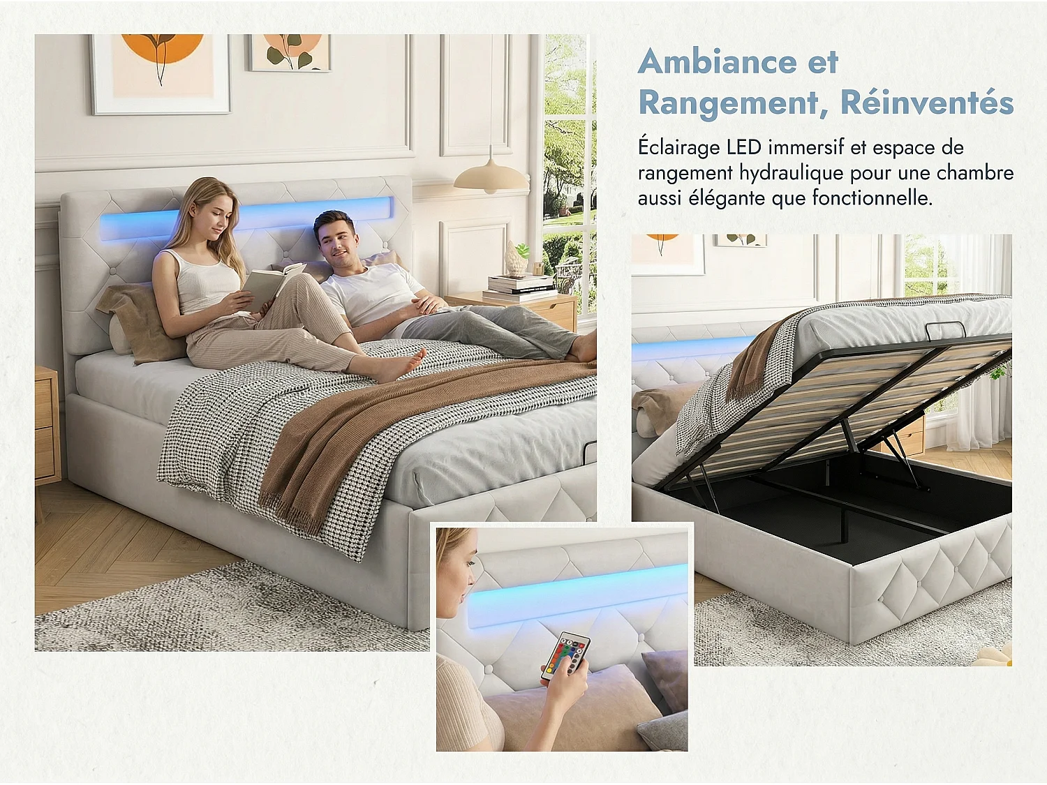 Lit coffre 160x200 cm - LED RGB intégrée - Velours beige - Rangement intégré - Tête de lit réglable - Sommier