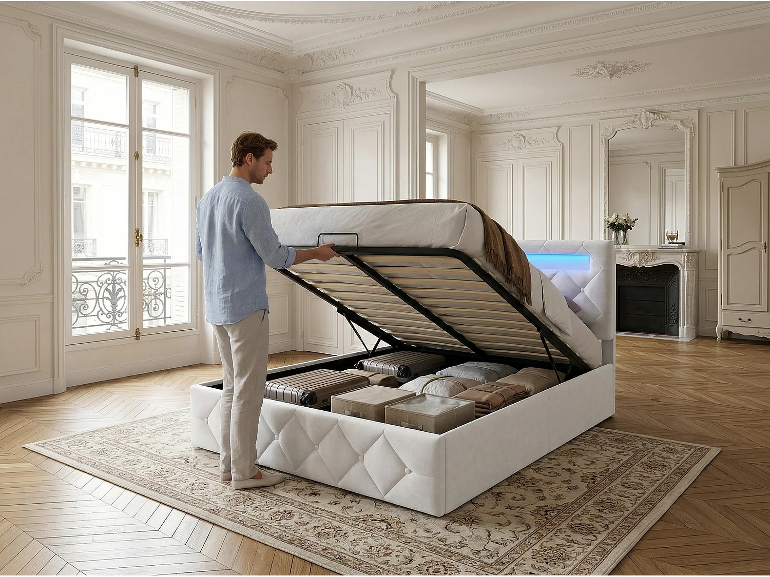 Lit coffre 160x200 cm - LED RGB intégrée - Velours beige - Rangement intégré - Tête de lit réglable - Sommier