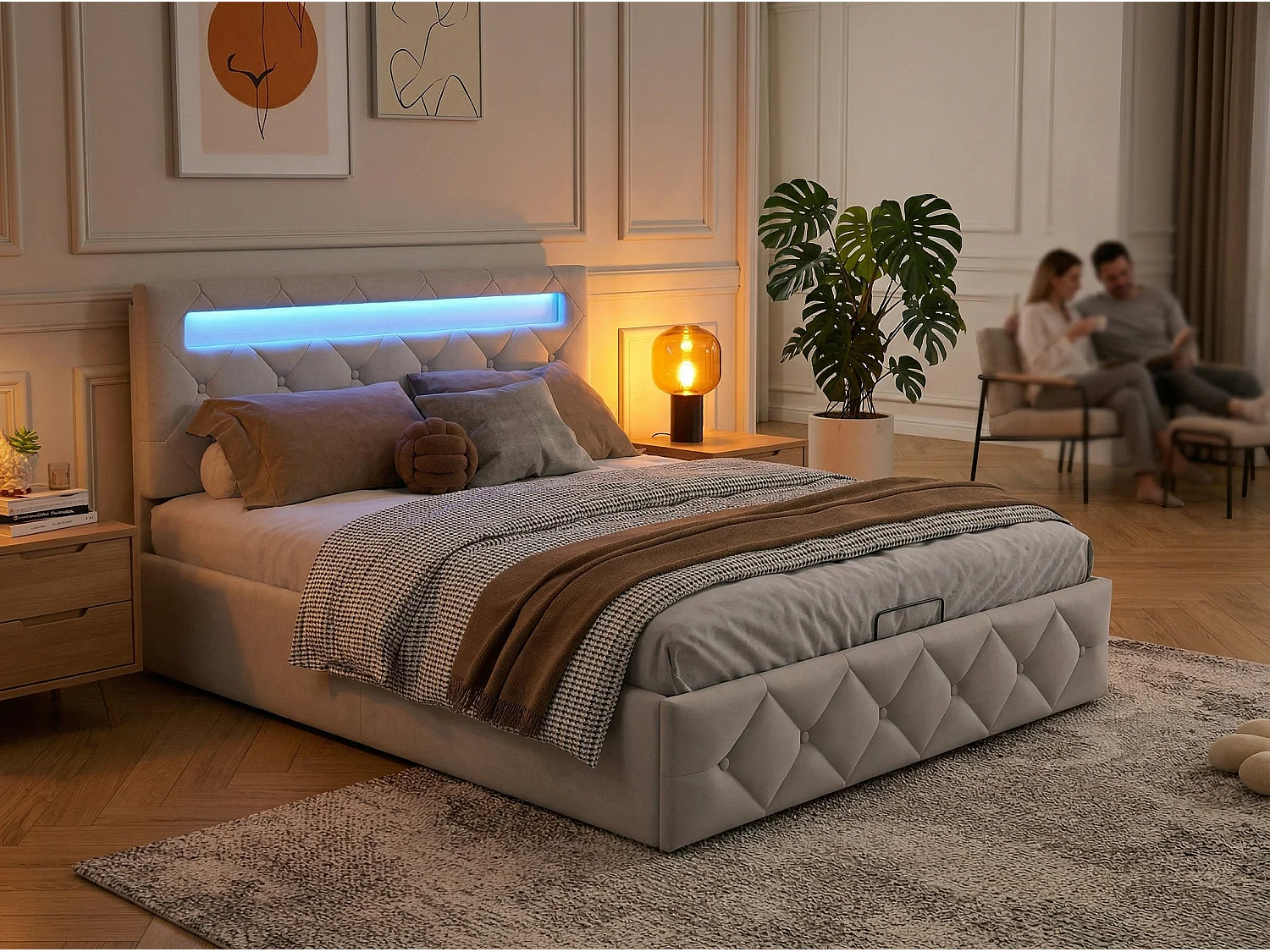 Lit coffre 160x200 cm - LED RGB intégrée - Velours beige - Rangement intégré - Tête de lit réglable - Sommier