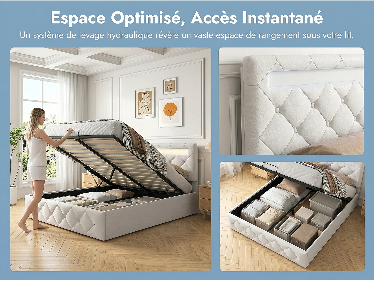Lit coffre 160x200 cm - LED RGB intégrée - Velours beige - Rangement intégré - Tête de lit réglable - Sommier