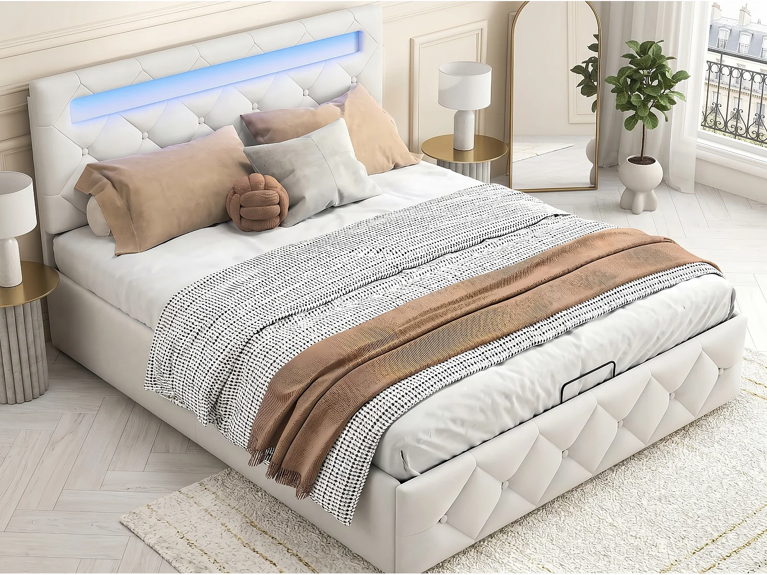 Lit coffre 160x200 cm - LED RGB intégrée - Velours beige - Rangement intégré - Tête de lit réglable - Sommier
