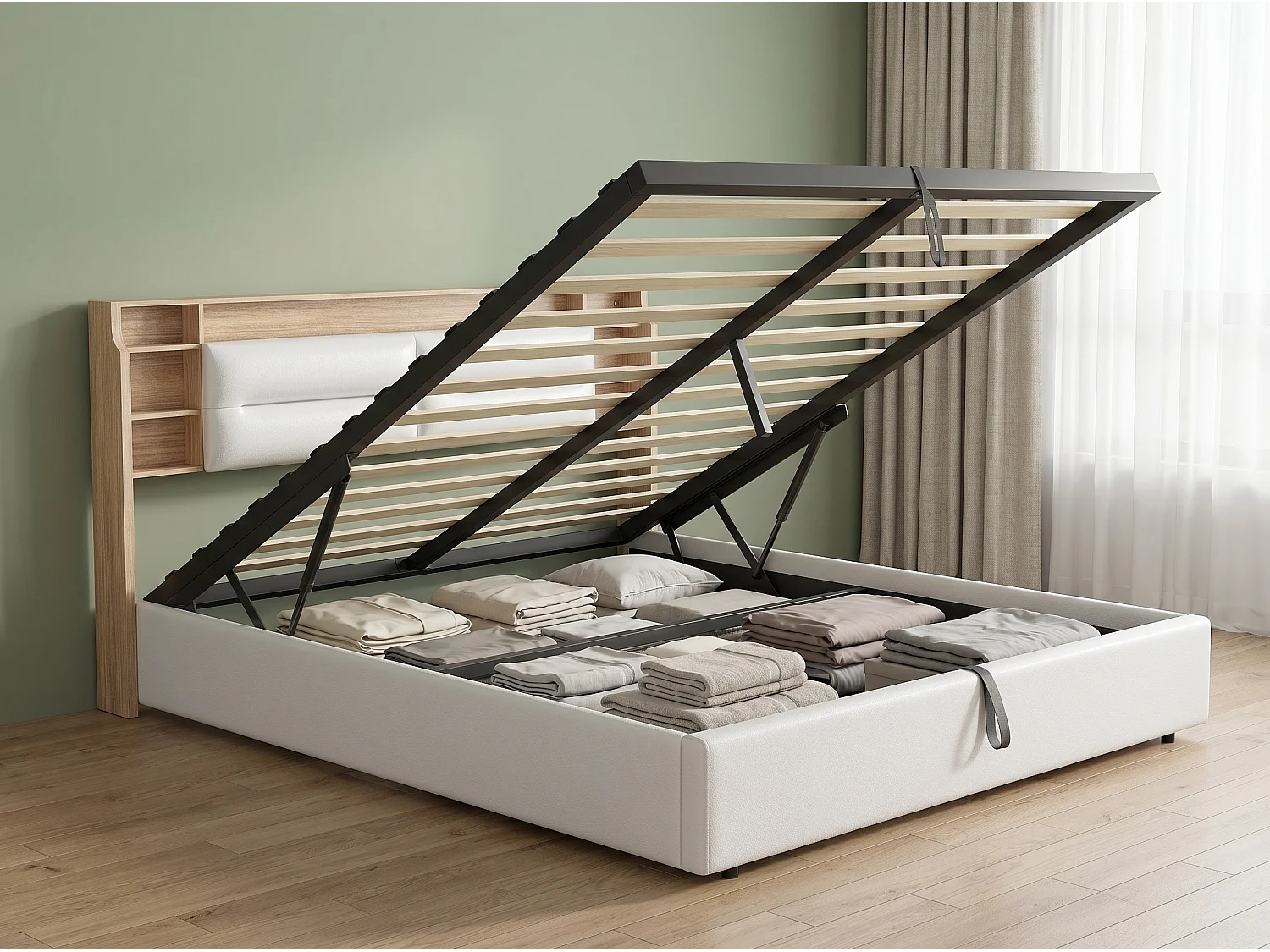 Lit coffre 140x200 cm - rangement 3 zones - tête de lit à compartiments - ouverture rabattable - avec sommier à lattes