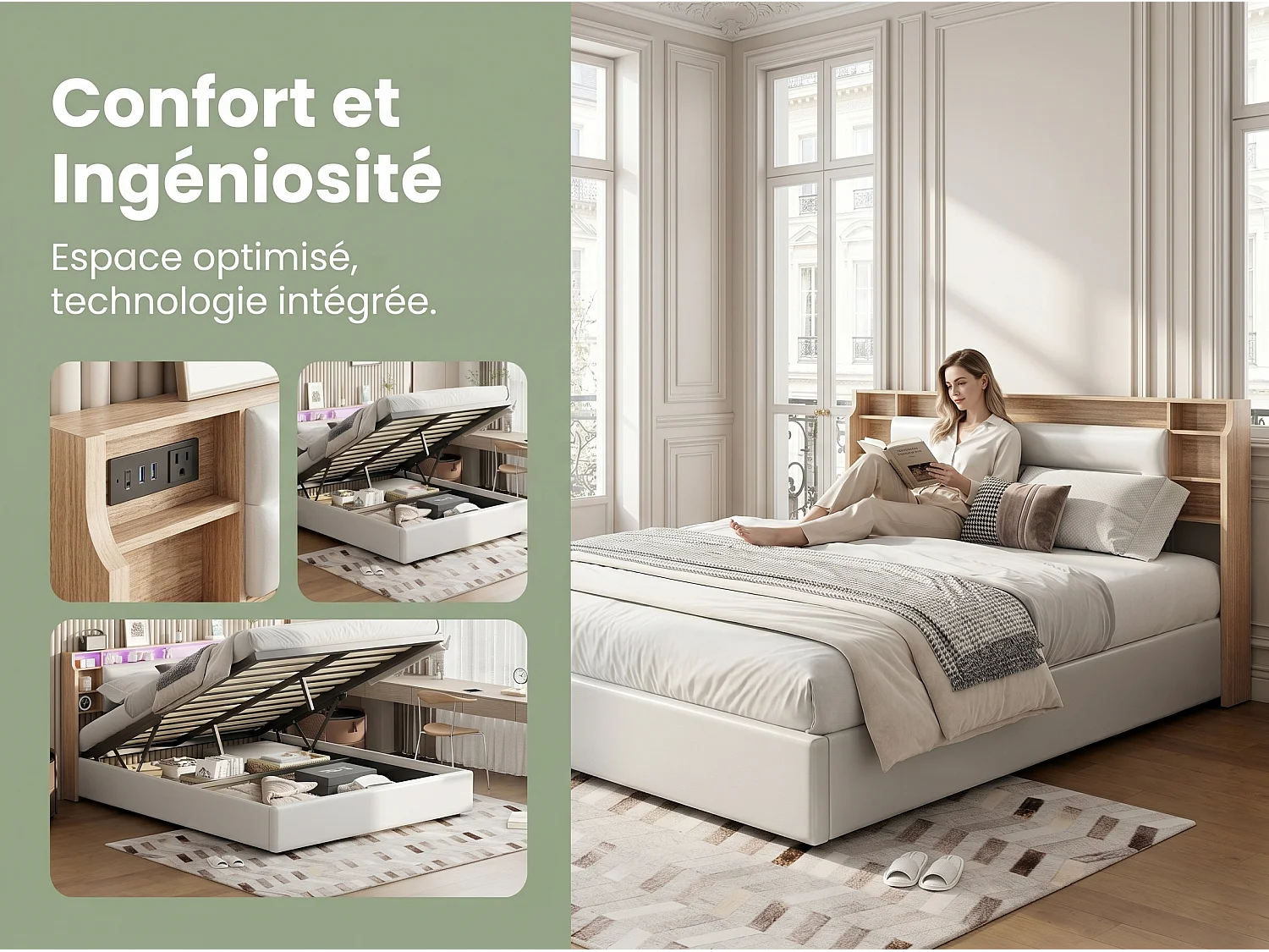 Lit coffre 140x200 cm - rangement 3 zones - tête de lit à compartiments - ouverture rabattable - avec sommier à lattes
