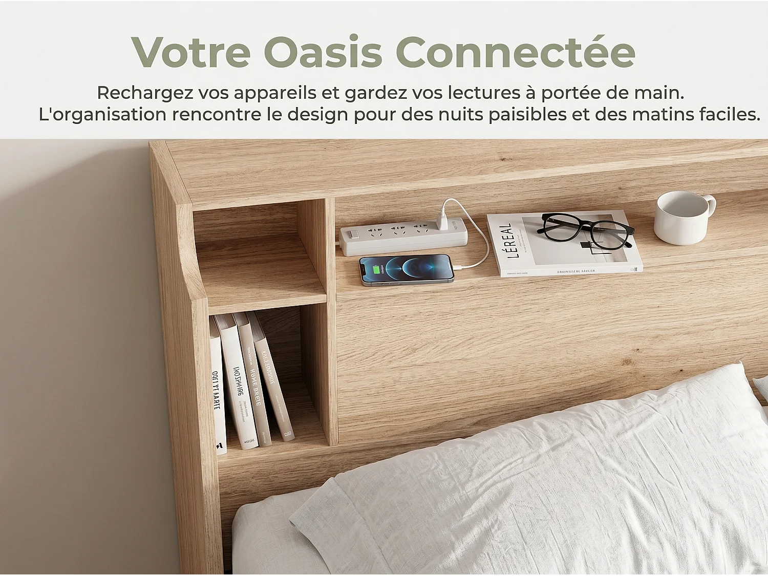 Lit coffre 140x200 cm - rangement 3 zones - tête de lit à compartiments - ouverture rabattable - avec sommier à lattes