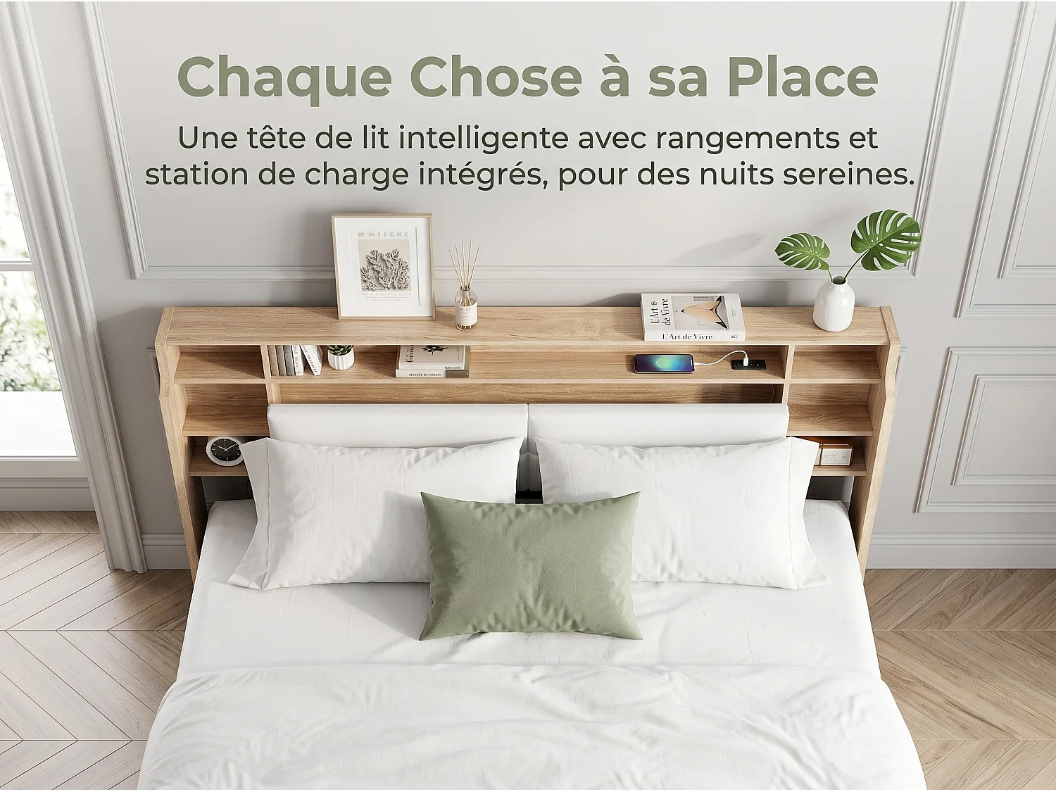 Lit coffre 140x200 cm - rangement 3 zones - tête de lit à compartiments - ouverture rabattable - avec sommier à lattes