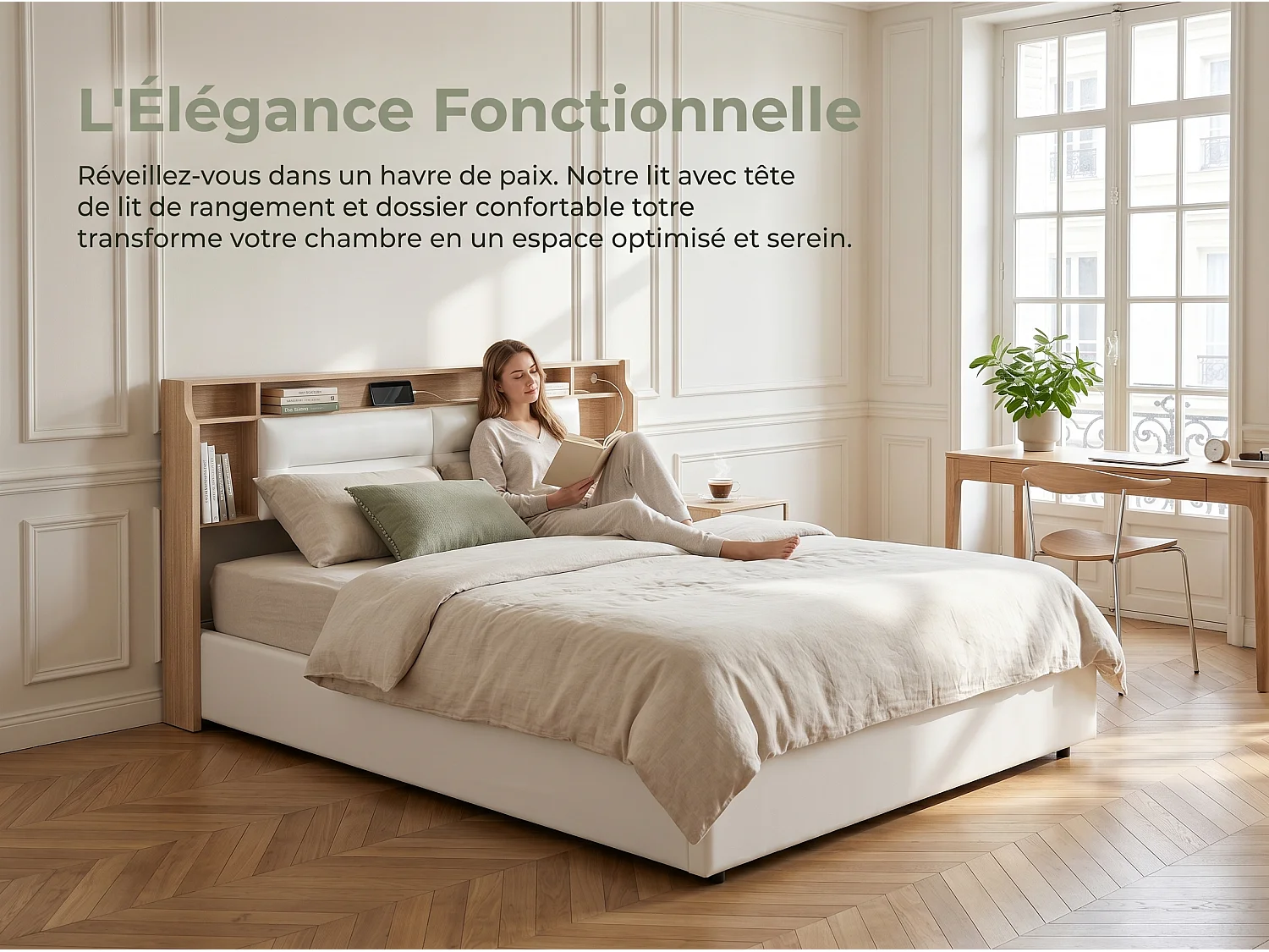 Lit coffre 140x200 cm - rangement 3 zones - tête de lit à compartiments - ouverture rabattable - avec sommier à lattes