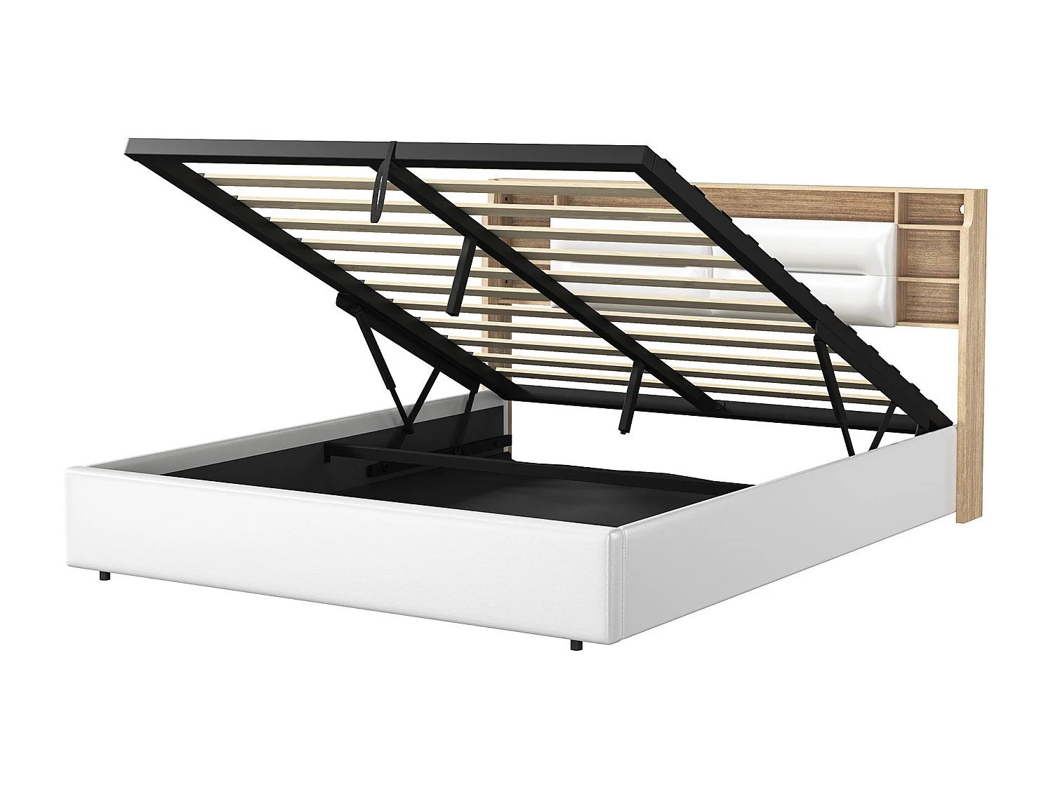 Lit coffre 140x200 cm - rangement 3 zones - tête de lit à compartiments - ouverture rabattable - avec sommier à lattes