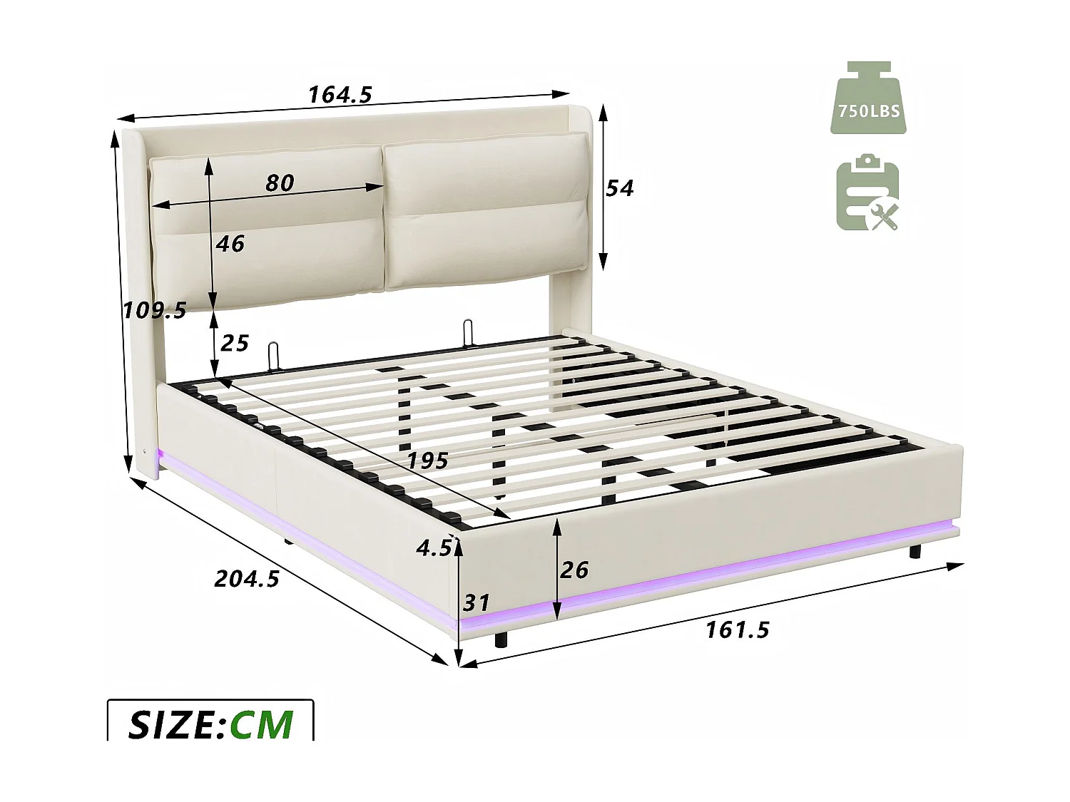 Lit coffre 160x200 cm - Lit double capitonné PU beige - LED RGB intégrée - Sommier relevable