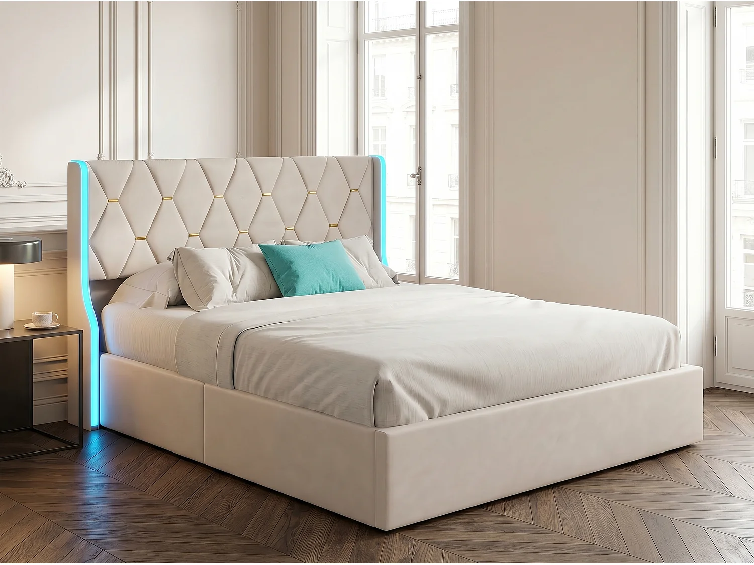 Lit coffre 160x200 cm - Lit double capitonné PU beige - LED RGB intégrée - Sommier relevable