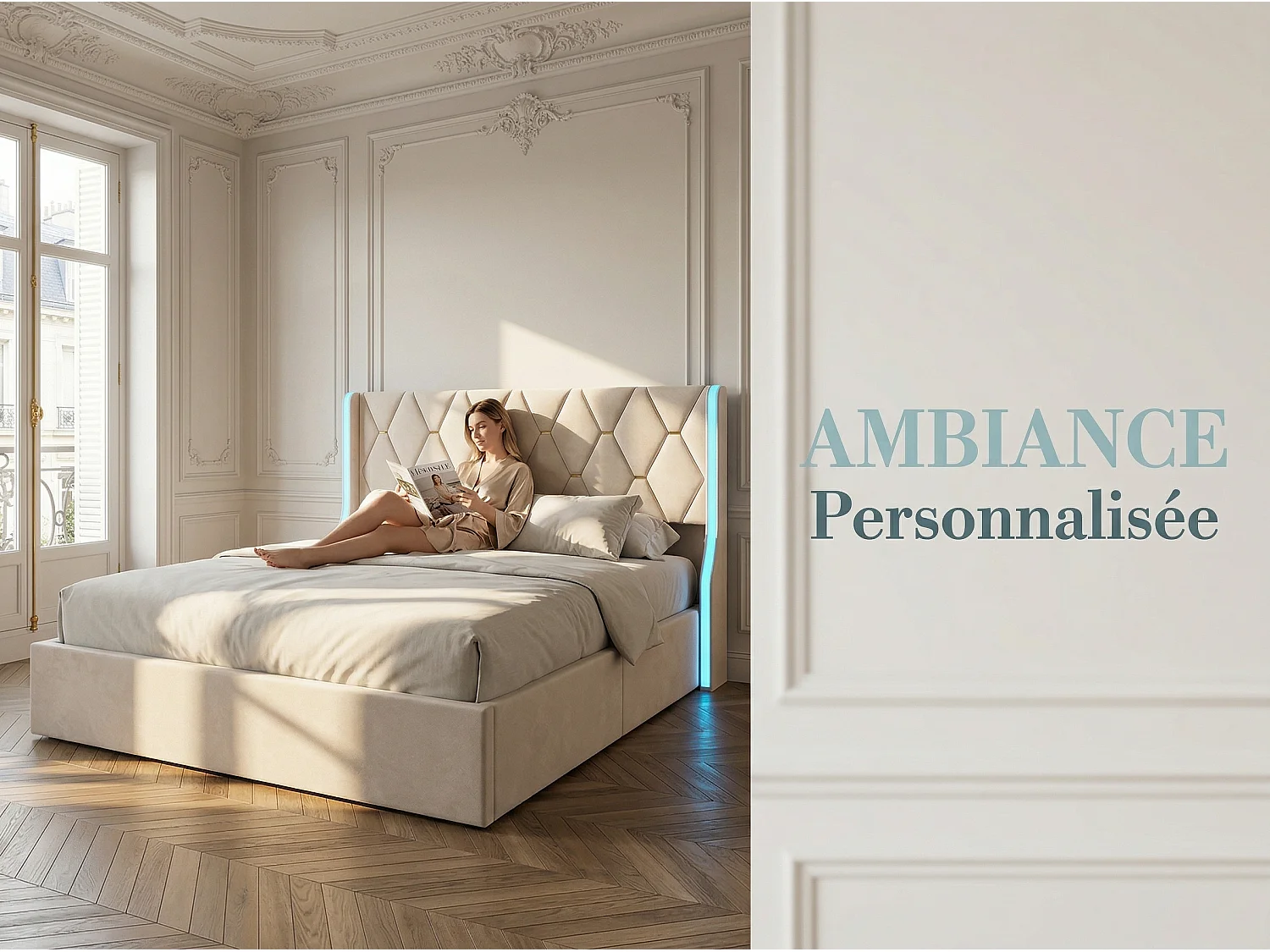 Lit coffre 160x200 cm - Lit double capitonné PU beige - LED RGB intégrée - Sommier relevable